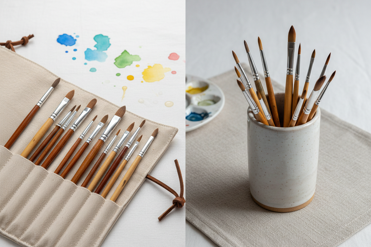Brush Roll vs Brush Holder: Store Watercolor Brushes Without Bent Tips