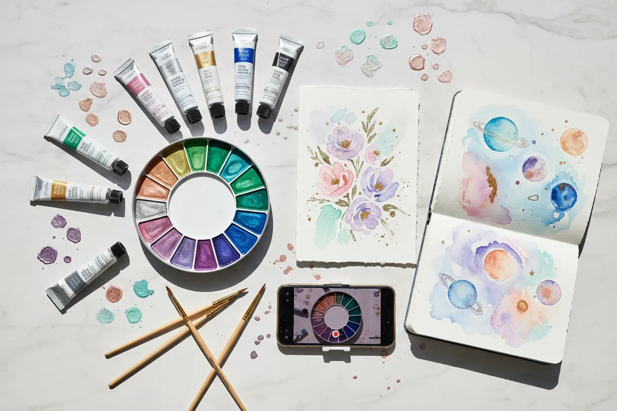 Shimmer Watercolor Supplies for Short Videos, Cards, and Journals