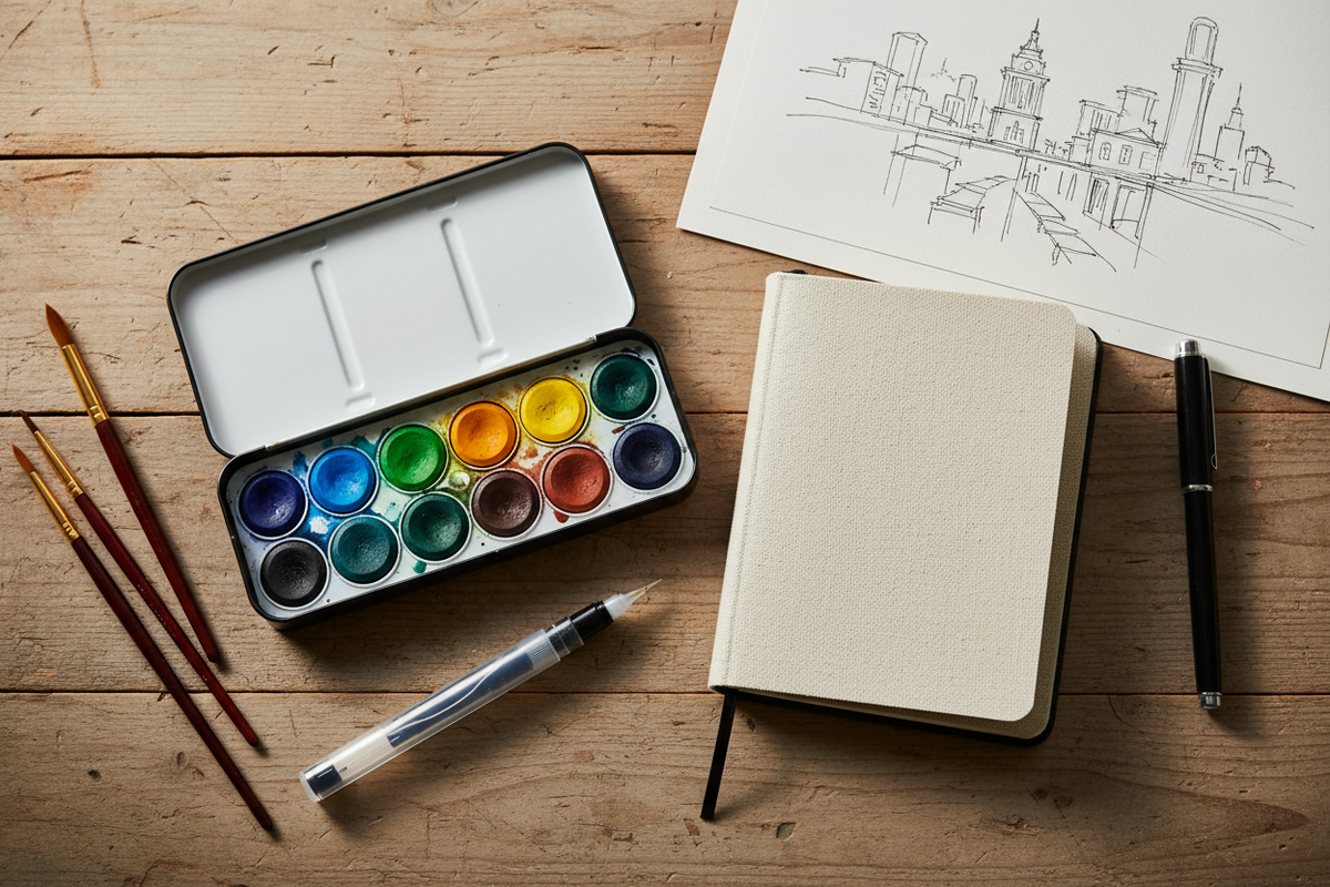 Urban Sketching Supplies: Portable Watercolor, Paper, and Brush Kit