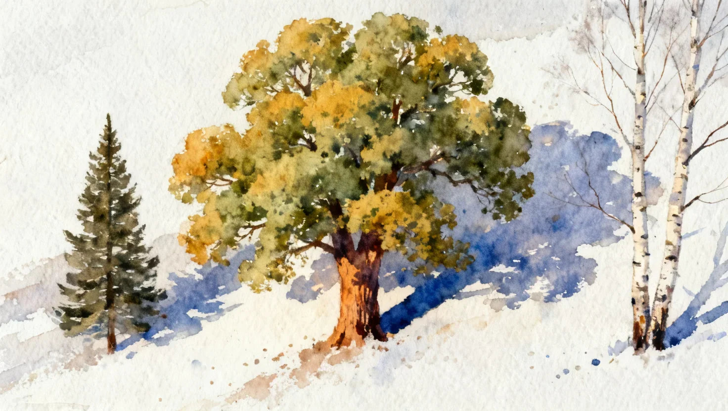 Watercolor landscape with three tree archetypes on cold-press cotton
