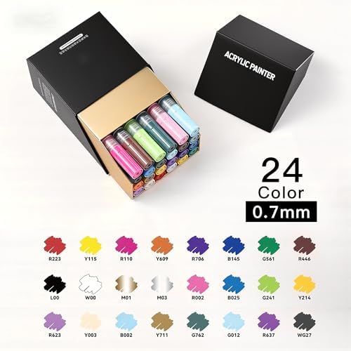 Paul Rubens 24 Colors Acrylic Paint Markers 0.7mm Fine Tip Waterproof Metallic Paint Pens
