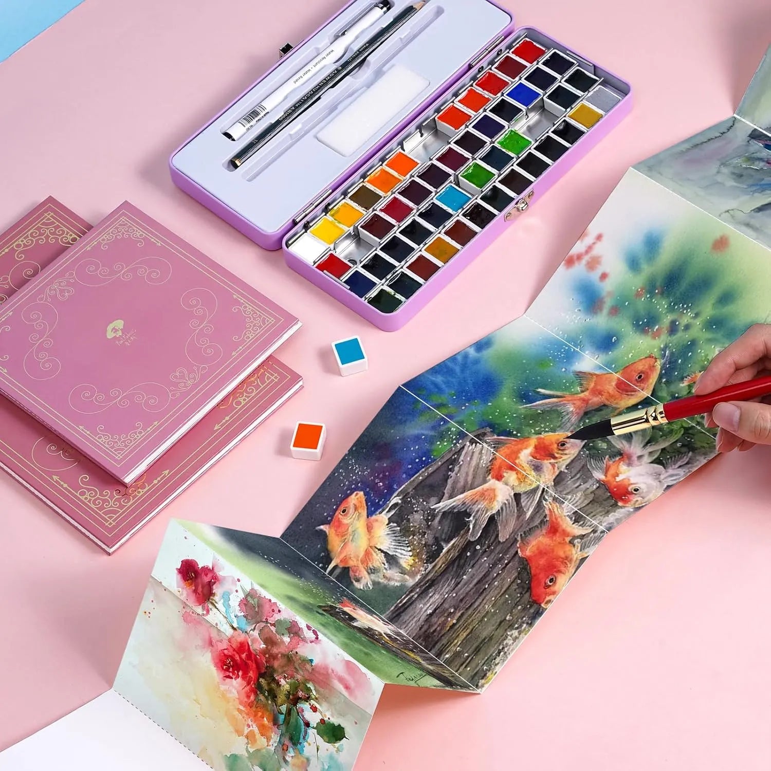 Paul Rubens Portable Watercolor Paint Set Bundle Set 52 Colors 20 S (8x4 Blue Case Hot Press)