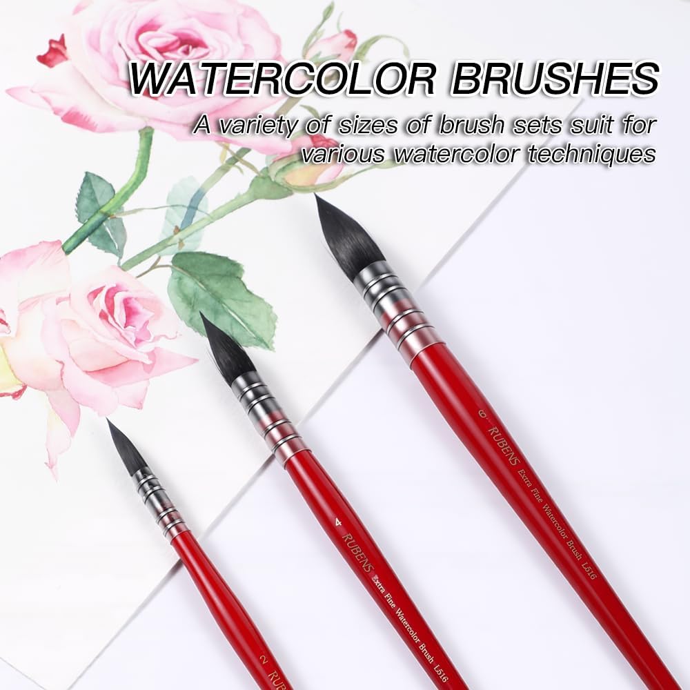 US Fulfillment - rubens Watercolor Brush Set, 3 / 4 Pcs Professional Soft Synthetic Squirrel Paint Brushes, Short Handles for Watercolor Gouache Ink Painting - Sizes #2 4 6