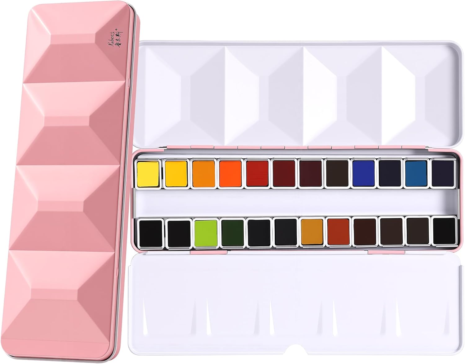 US Fulfillment - rubens Professional Watercolor Paint Set 24 Colors, High Pigment Solid Half Pans in Chic Pink / Multicolor / Black Diamond-Pattern Metal Case with Ring, Aesthetic Art Gift for Beginners, Artists & Designers