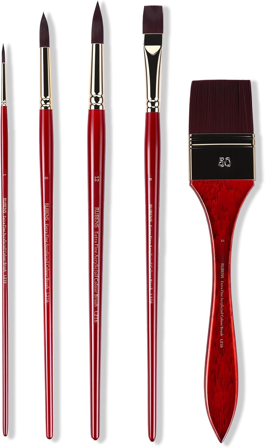 US Fulfillment - rubens Acrylic Paint Brushes, 5 Pcs Professional Paint Brushes Set, Long Wooden Handles Artist Series Brushes Nylon Bristles with Wide Flat, Flat, Round for Acrylic Oil Gouache Watercolor Painting