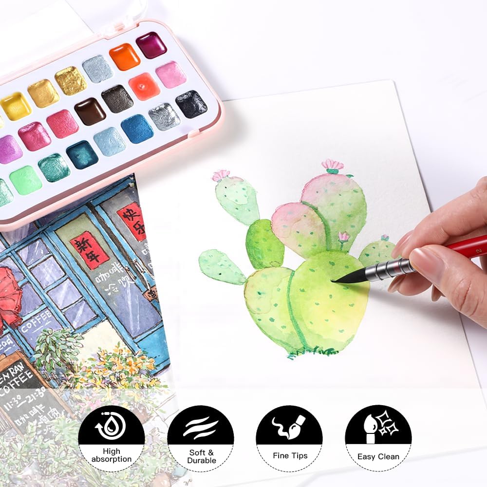 US Fulfillment - rubens Watercolor Brush Set, 3 / 4 Pcs Professional Soft Synthetic Squirrel Paint Brushes, Short Handles for Watercolor Gouache Ink Painting - Sizes #2 4 6