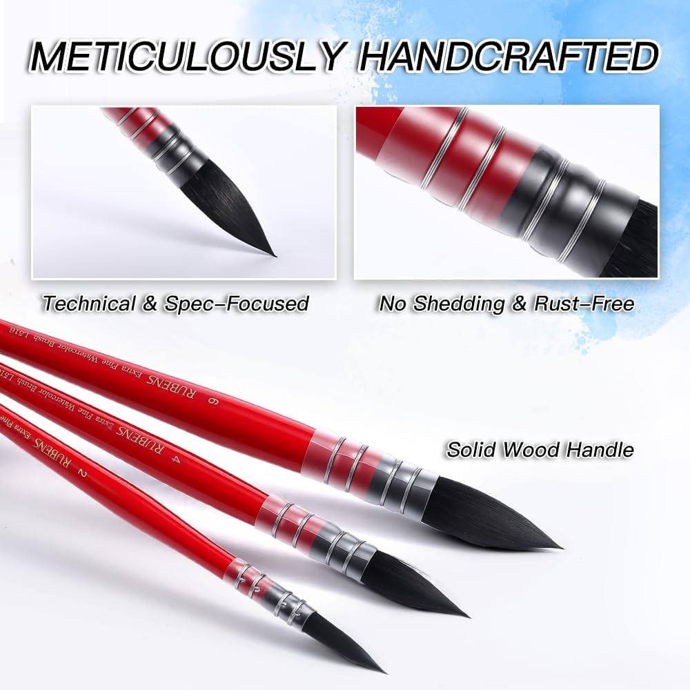 US Fulfillment - rubens Watercolor Brush Set, 3 / 4 Pcs Professional Soft Synthetic Squirrel Paint Brushes, Short Handles for Watercolor Gouache Ink Painting - Sizes #2 4 6