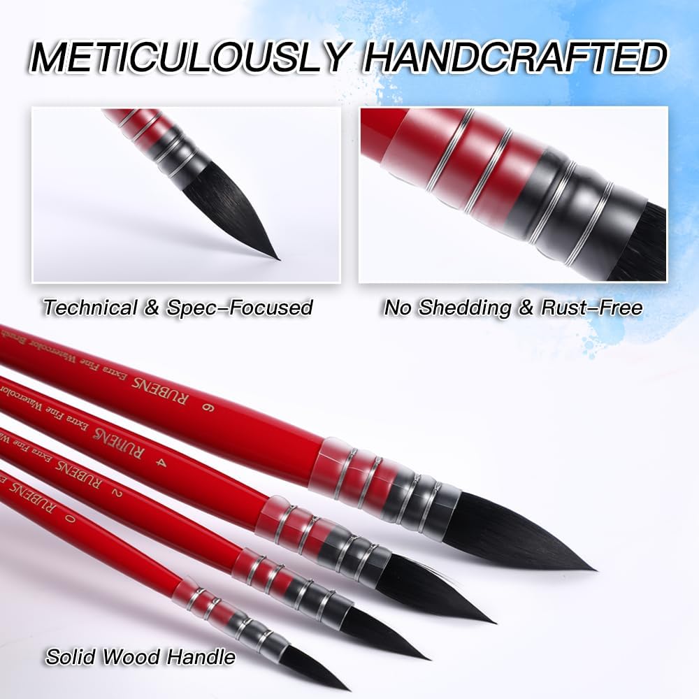 US Fulfillment - rubens Watercolor Brush Set, 3 / 4 Pcs Professional Soft Synthetic Squirrel Paint Brushes, Short Handles for Watercolor Gouache Ink Painting - Sizes #2 4 6