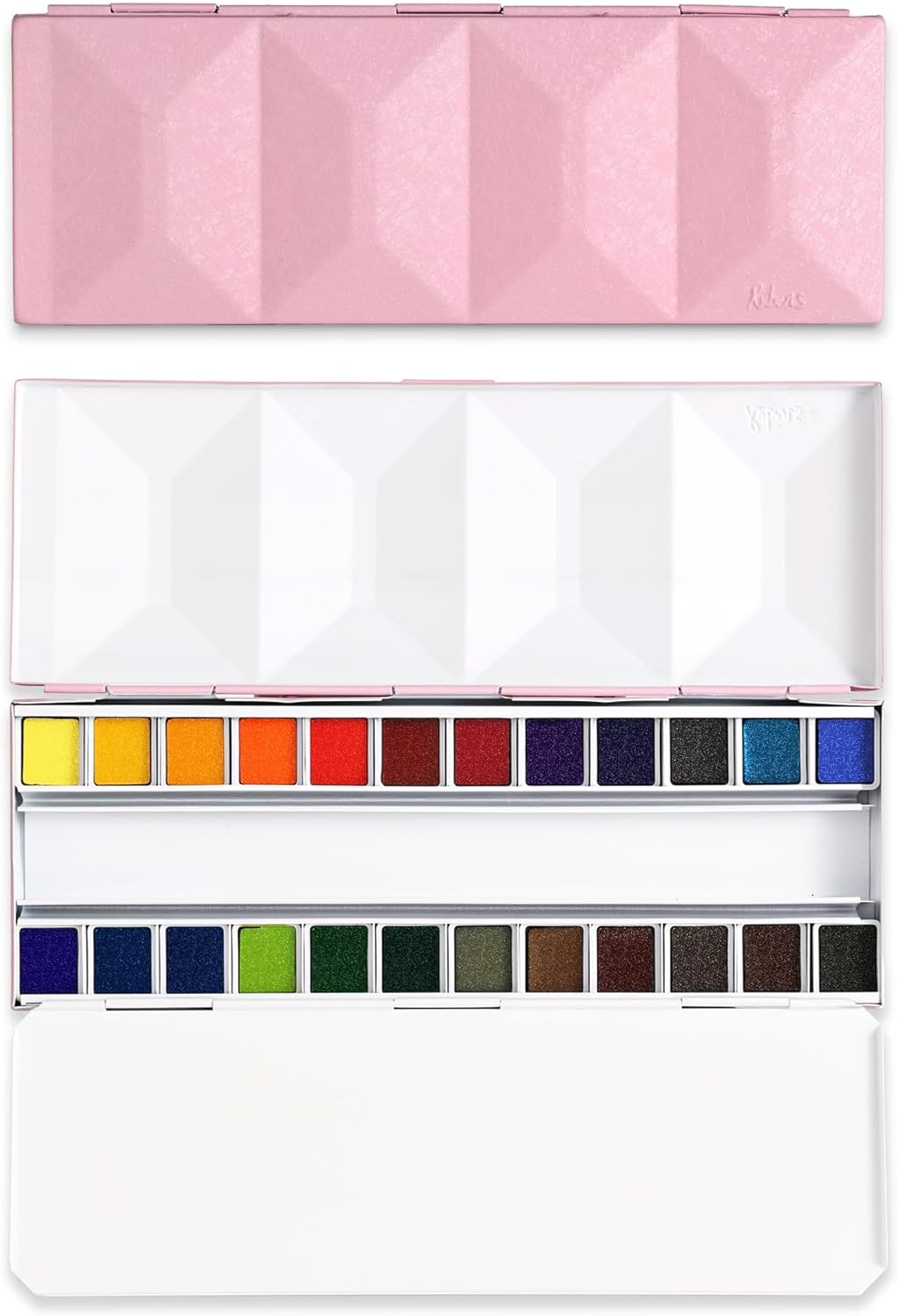 US Fulfillment - rubens Travel Watercolor Paint Set, 24 Colors Half-Pans Solid Watercolor, Soft Glittering, Portable Watercolor in Pink / Dark Black / Light Blue Metal Box with Built-in Palette, Watercolors Paint Adult Set for Beginner, Artist