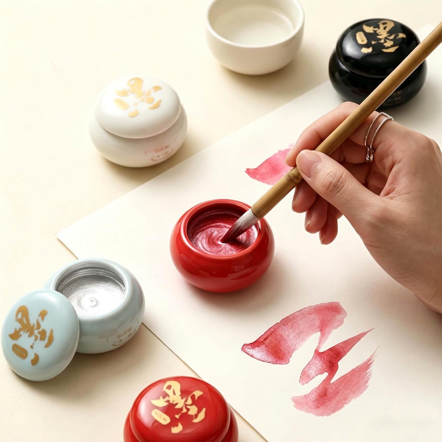 US Fulfillment - rubens Watercolor Paint, Handmade Red / Gold / Silver / Black / White / Multicolor Solid Watercolor, Black Chinese Ink with Sealed Ceramic Jar, Professional High Tinting Strength Watercolor Ink for Painting, Calligraphy, Letter