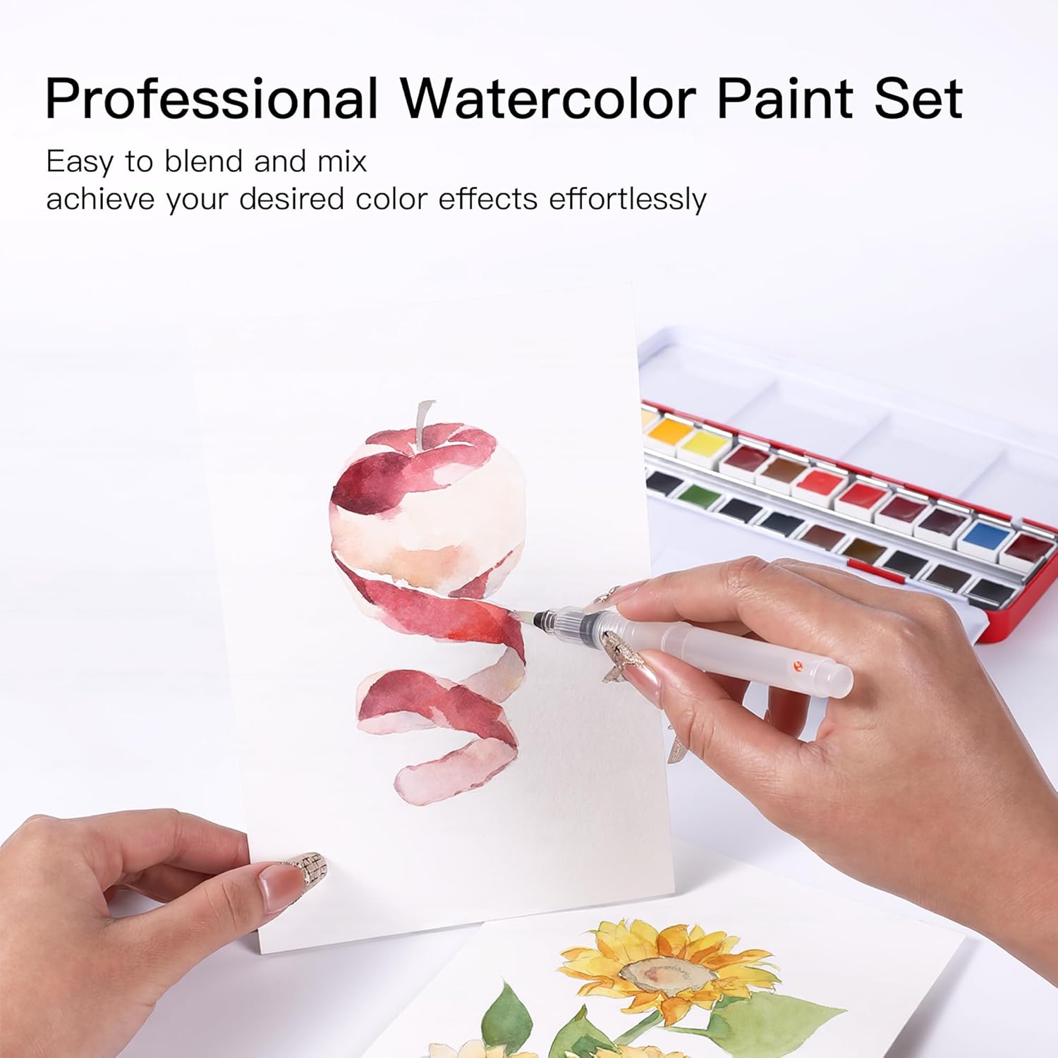 US Fulfillment - rubens Watercolor Paint Set 24 Colors, Solid Watercolor Set Half Pan Travel Watercolor, Removable Pans and Built-in Palette, Portable Metal Box with Metal Ring for Adult, Beginner, Artist