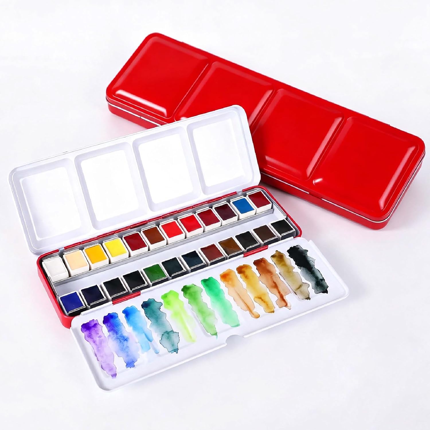 US Fulfillment - rubens Watercolor Paint Set 24 Colors, Solid Watercolor Set Half Pan Travel Watercolor, Removable Pans and Built-in Palette, Portable Metal Box with Metal Ring for Adult, Beginner, Artist