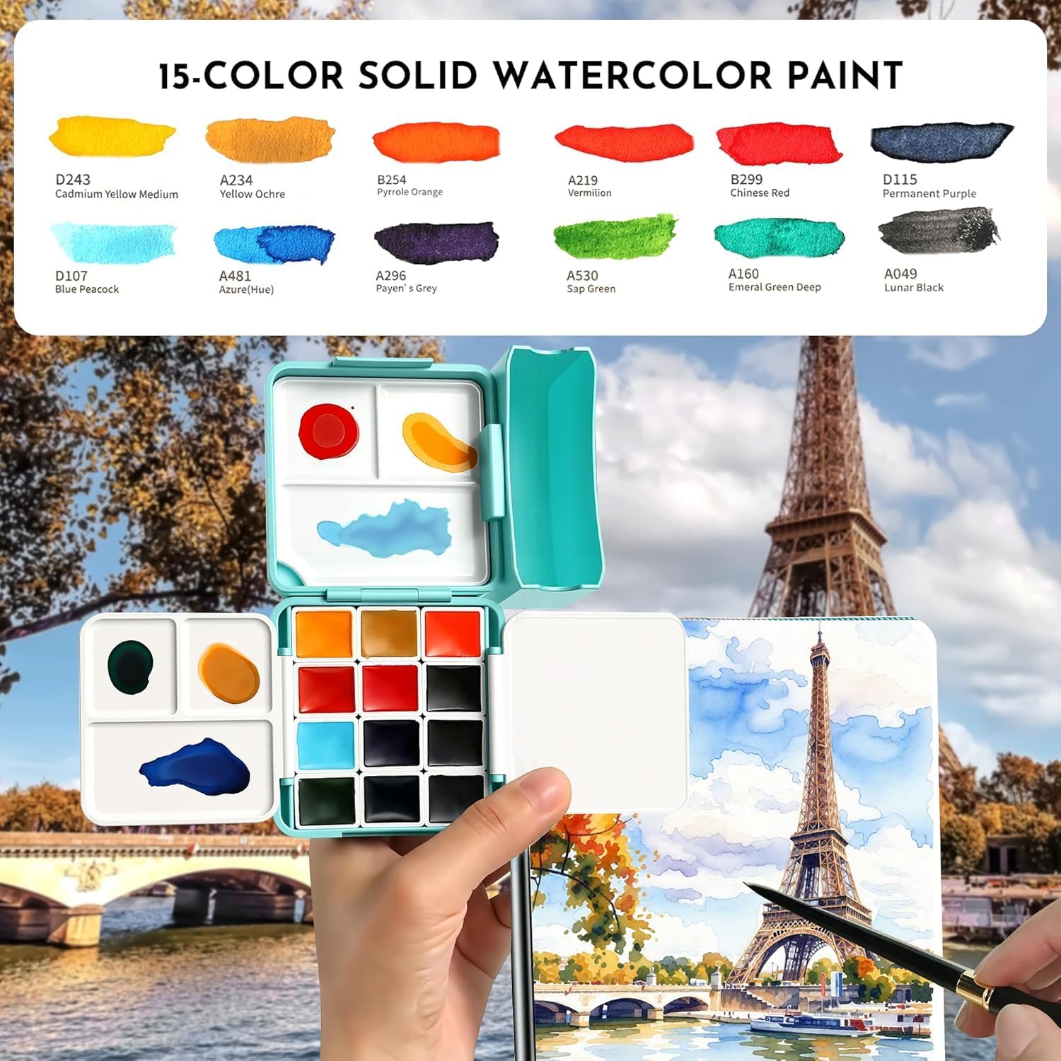 US Fulfillment - rubens 12 Colors Travel Watercolor Paint Set, All In One Artist Watercolor Paint Kit, Professional Watercolor Half Pan with Watercolor Journal, Paint Brush, Highlight Pen for Beginner, Artist, Adults