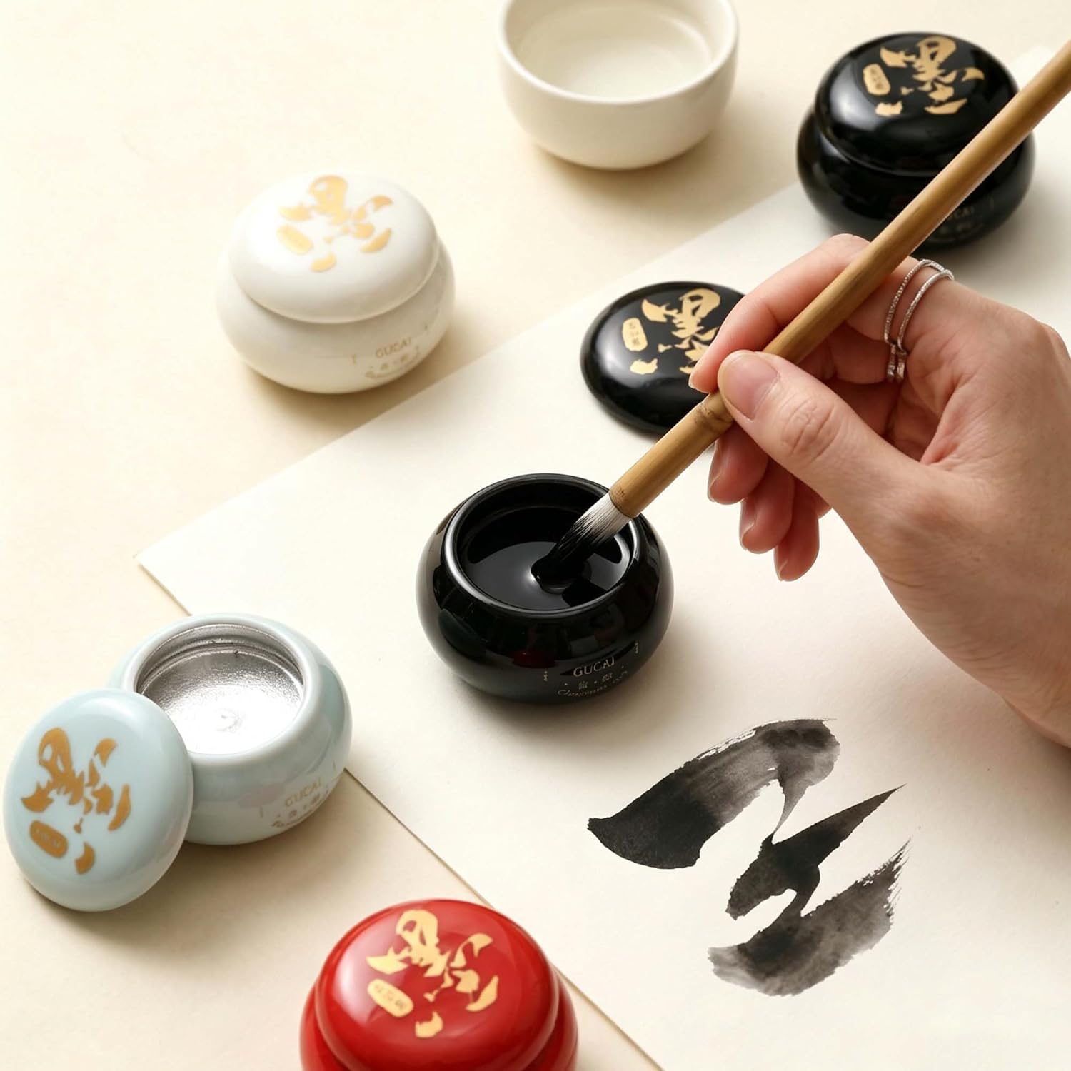 US Fulfillment - rubens Watercolor Paint, Handmade Red / Gold / Silver / Black / White / Multicolor Solid Watercolor, Black Chinese Ink with Sealed Ceramic Jar, Professional High Tinting Strength Watercolor Ink for Painting, Calligraphy, Letter