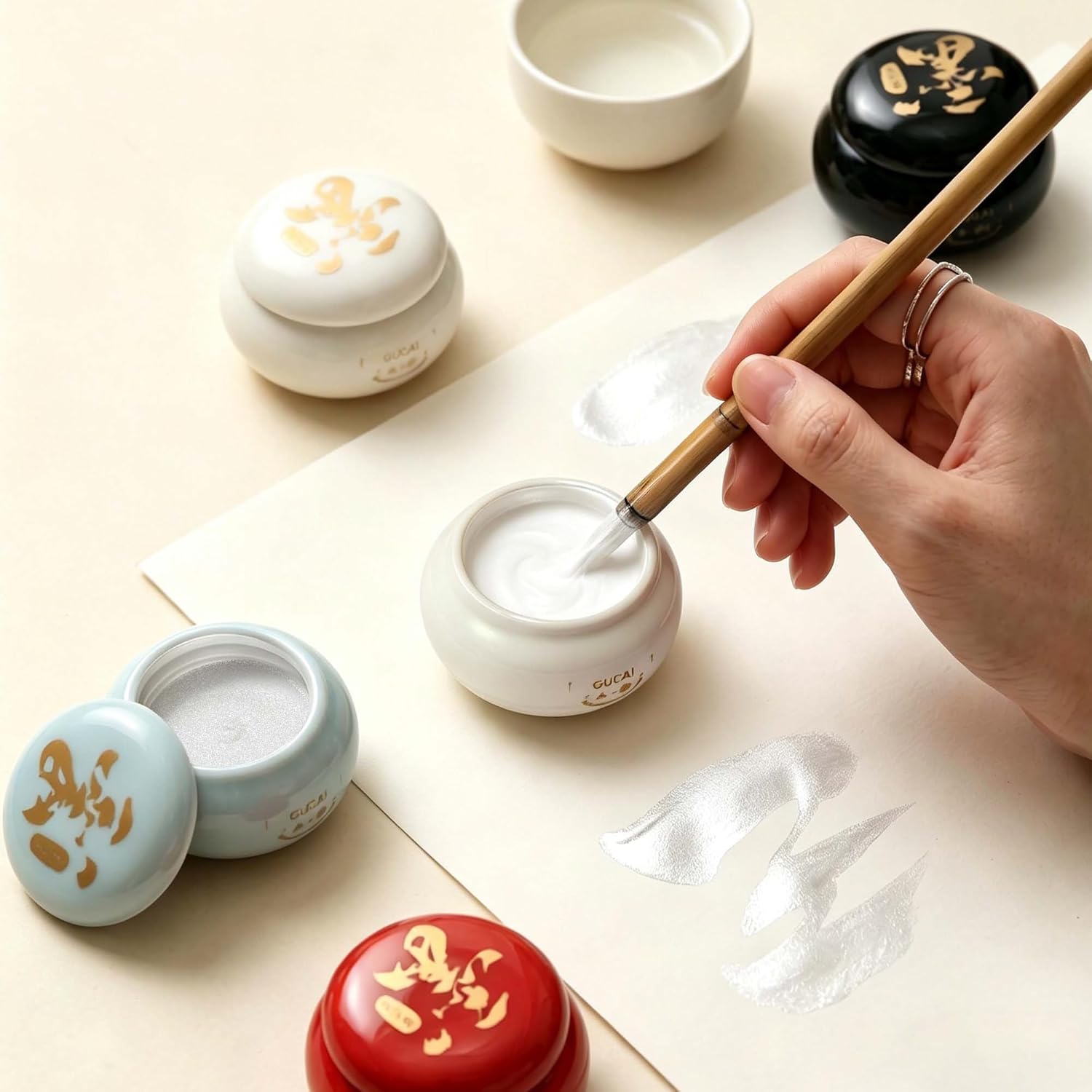 US Fulfillment - rubens Watercolor Paint, Handmade Red / Gold / Silver / Black / White / Multicolor Solid Watercolor, Black Chinese Ink with Sealed Ceramic Jar, Professional High Tinting Strength Watercolor Ink for Painting, Calligraphy, Letter