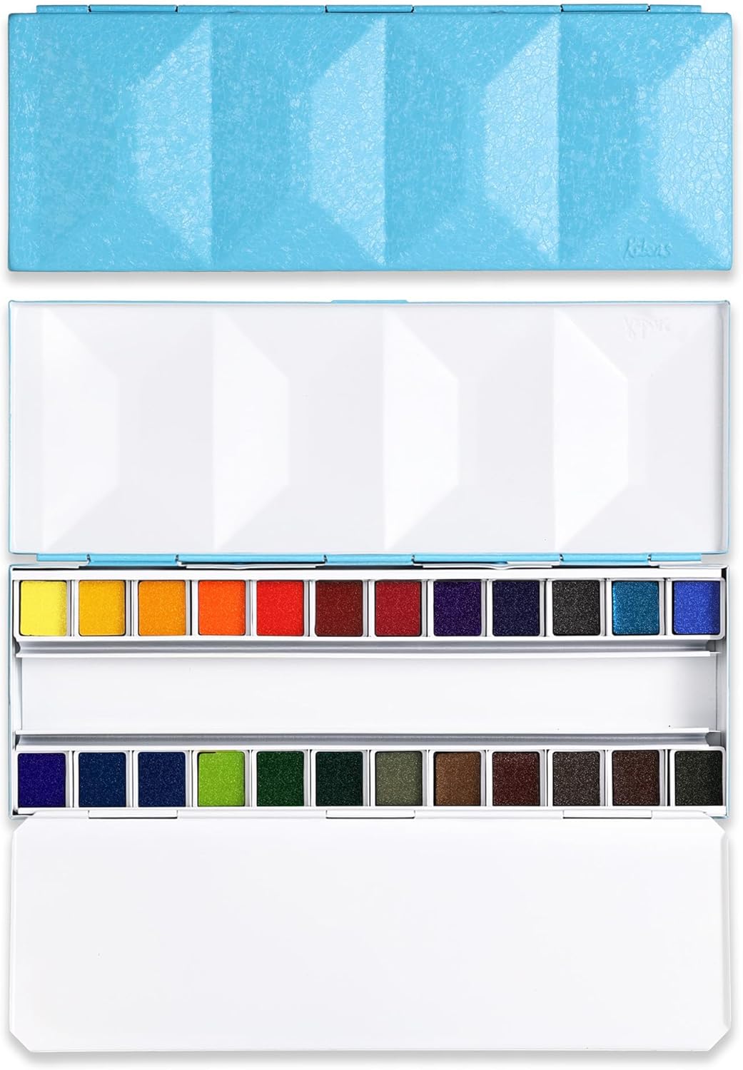 US Fulfillment - rubens Travel Watercolor Paint Set, 24 Colors Half-Pans Solid Watercolor, Soft Glittering, Portable Watercolor in Pink / Dark Black / Light Blue Metal Box with Built-in Palette, Watercolors Paint Adult Set for Beginner, Artist