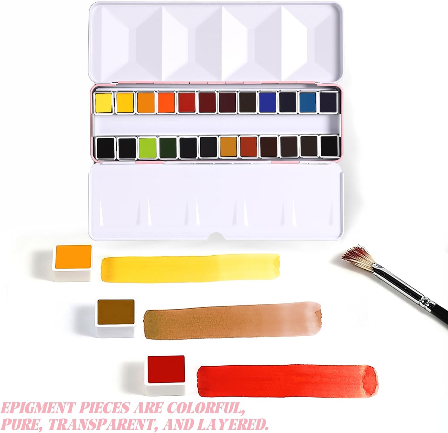 US Fulfillment - rubens Professional Watercolor Paint Set 24 Colors, High Pigment Solid Half Pans in Chic Pink / Multicolor / Black Diamond-Pattern Metal Case with Ring, Aesthetic Art Gift for Beginners, Artists &amp; Designers