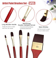 US Fulfillment - rubens Acrylic Paint Brushes, 5 Pcs Professional Paint Brushes Set, Long Wooden Handles Artist Series Brushes Nylon Bristles with Wide Flat, Flat, Round for Acrylic Oil Gouache Watercolor Painting