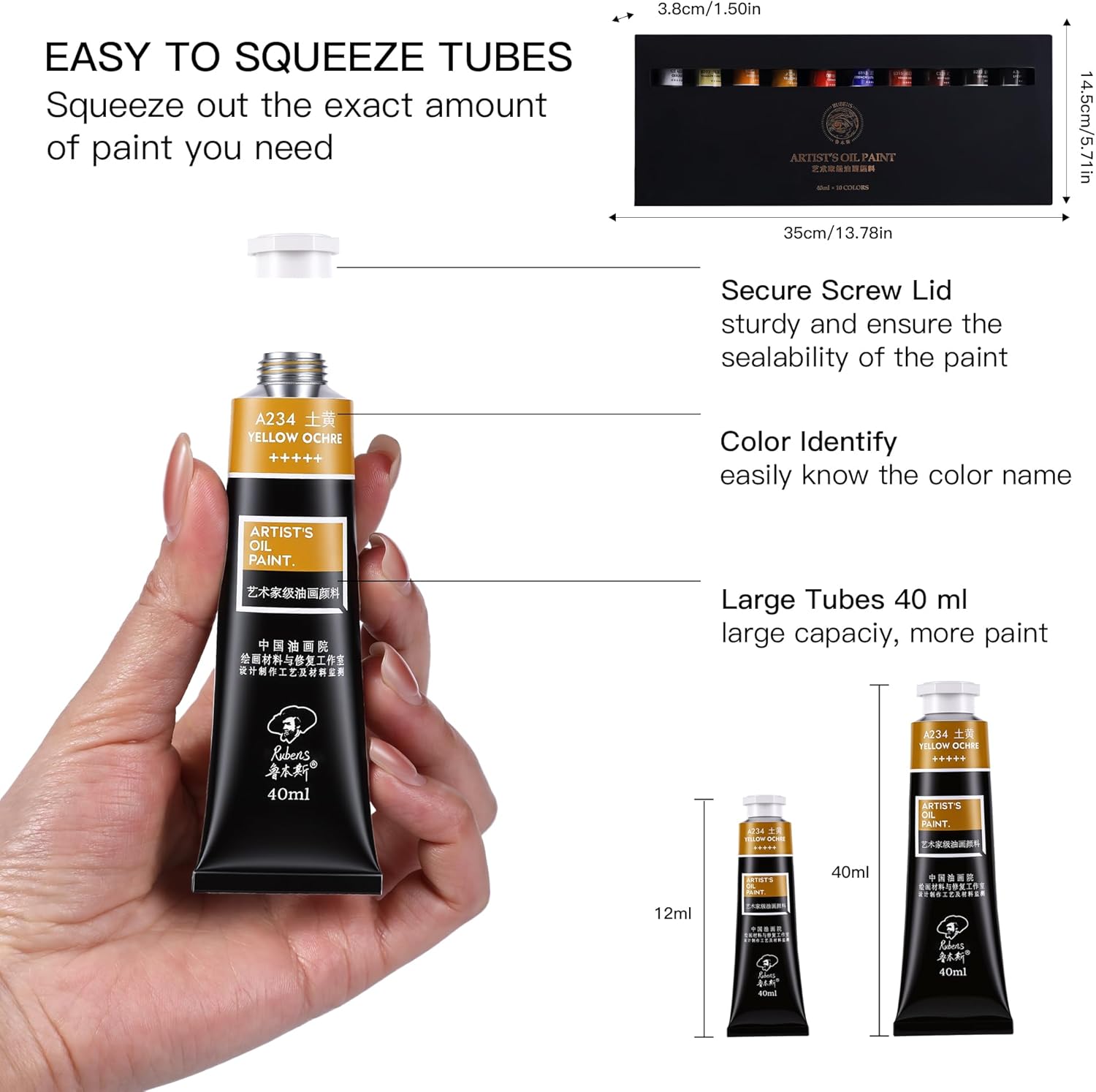US Fulfillment - rubens Artist Oil Paint Set 10 Colors, 40ml Large Capacity Tubes Oil Color Paint for Canvas, Professional Oil Painting Colors, Landscape / Standard / Portrait /  Still Life Colors Oil Based Paint Supplies for Artists, Beginners