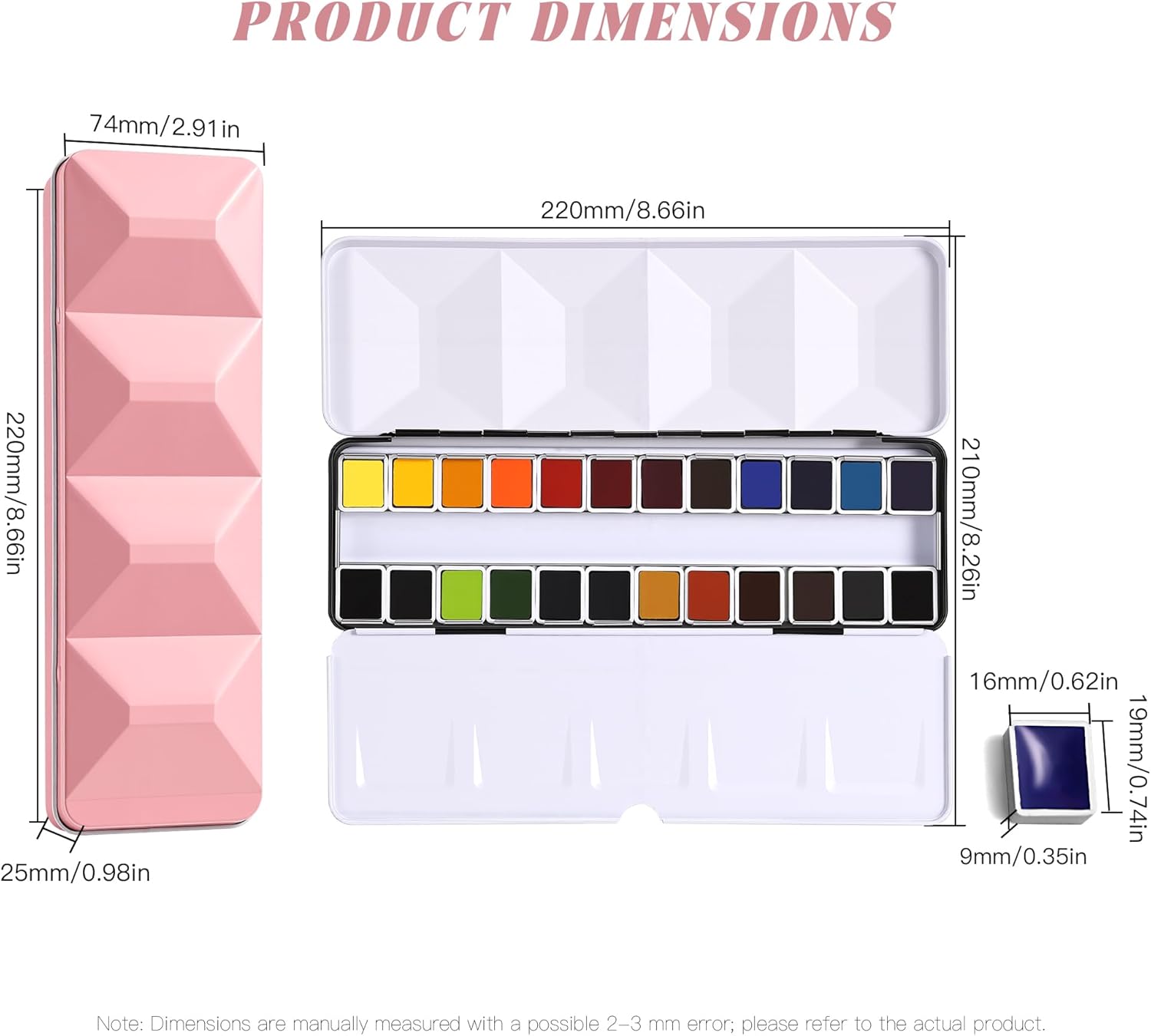 US Fulfillment - rubens Professional Watercolor Paint Set 24 Colors, High Pigment Solid Half Pans in Chic Pink / Multicolor / Black Diamond-Pattern Metal Case with Ring, Aesthetic Art Gift for Beginners, Artists & Designers