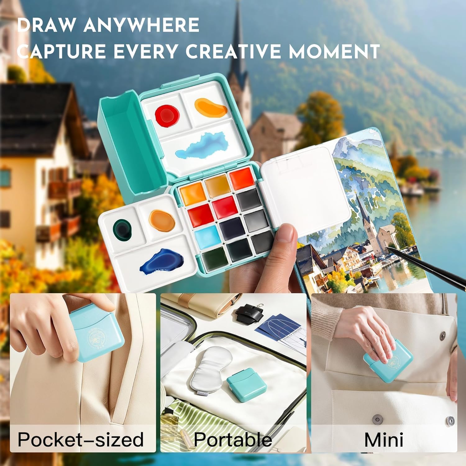 US Fulfillment - rubens 12 Colors Travel Watercolor Paint Set, All In One Artist Watercolor Paint Kit, Professional Watercolor Half Pan with Watercolor Journal, Paint Brush, Highlight Pen for Beginner, Artist, Adults