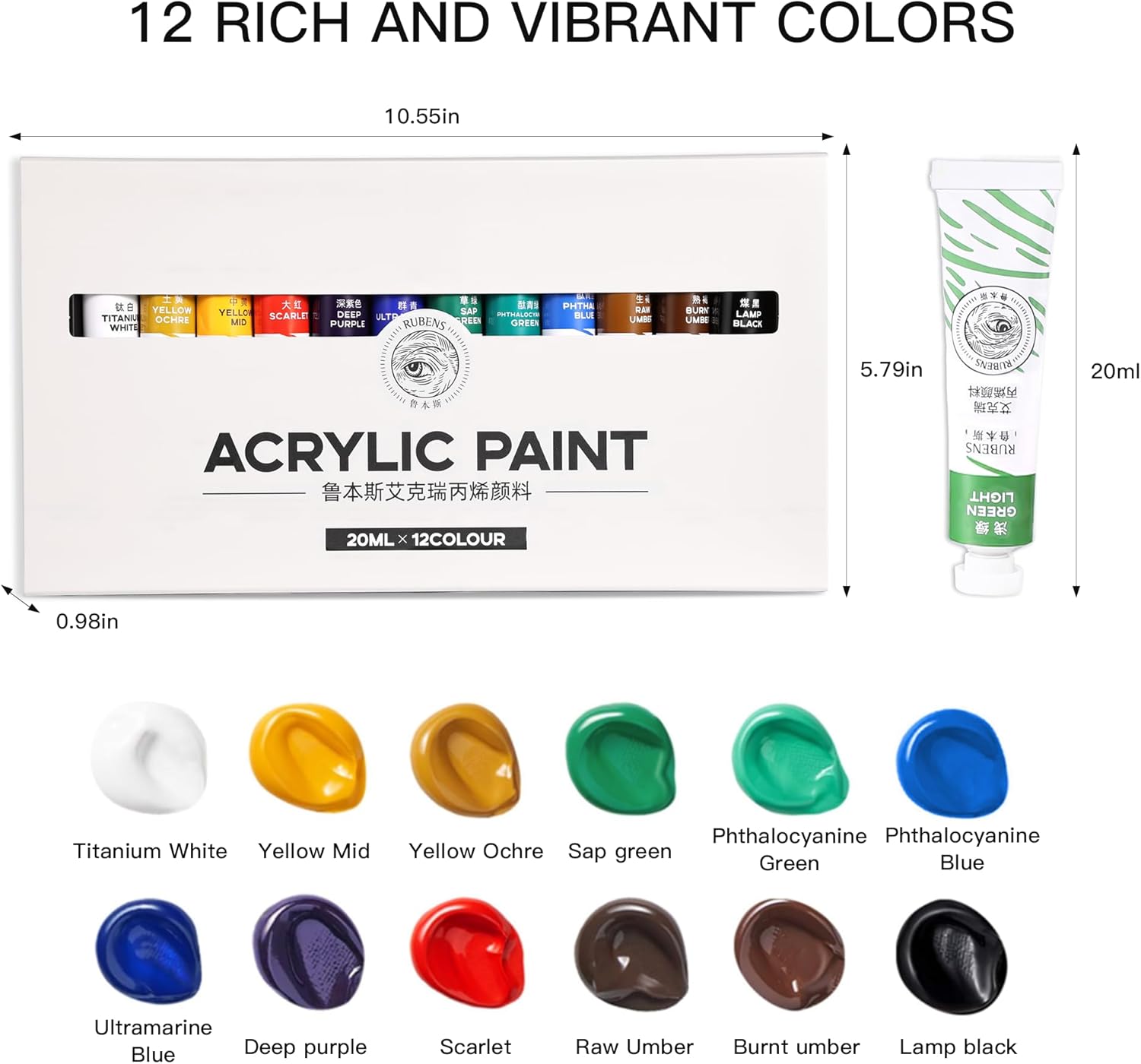 US Fulfillment - rubens Acrylic Paint Set - 12 / 18 / 24 Colors (20ml/0.68oz Tubes) Professional Grade Acrylics, High Pigment &amp; Heavy Body for Canvas, Wood, Rock &amp; Crafts, Art Supplies for Adults，Artists,Adults Beginner