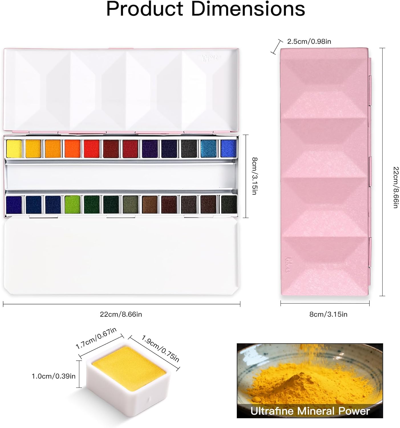 US Fulfillment - rubens Travel Watercolor Paint Set, 24 Colors Half-Pans Solid Watercolor, Soft Glittering, Portable Watercolor in Pink / Dark Black / Light Blue Metal Box with Built-in Palette, Watercolors Paint Adult Set for Beginner, Artist