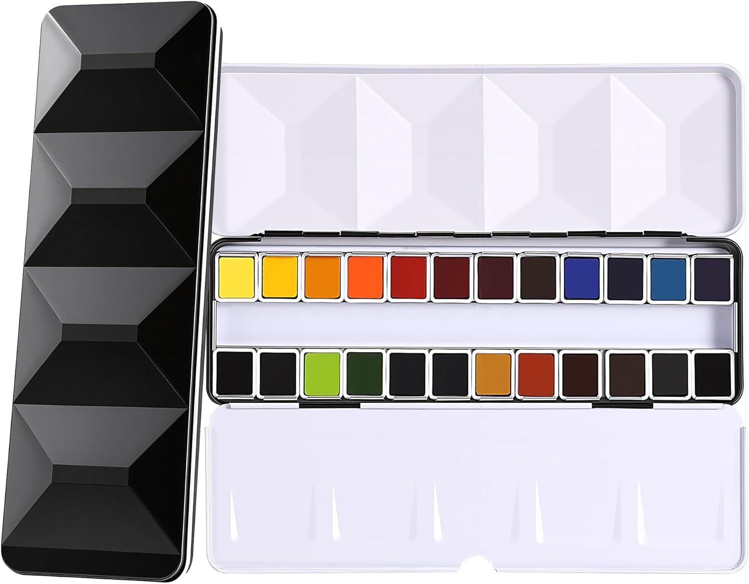 US Fulfillment - rubens Professional Watercolor Paint Set 24 Colors, High Pigment Solid Half Pans in Chic Pink / Multicolor / Black Diamond-Pattern Metal Case with Ring, Aesthetic Art Gift for Beginners, Artists & Designers