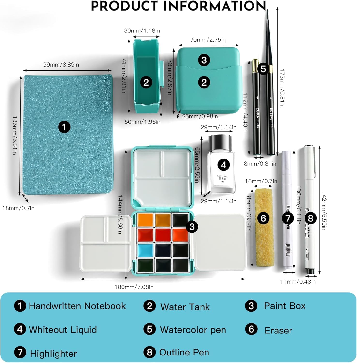 US Fulfillment - rubens 12 Colors Travel Watercolor Paint Set, All In One Artist Watercolor Paint Kit, Professional Watercolor Half Pan with Watercolor Journal, Paint Brush, Highlight Pen for Beginner, Artist, Adults