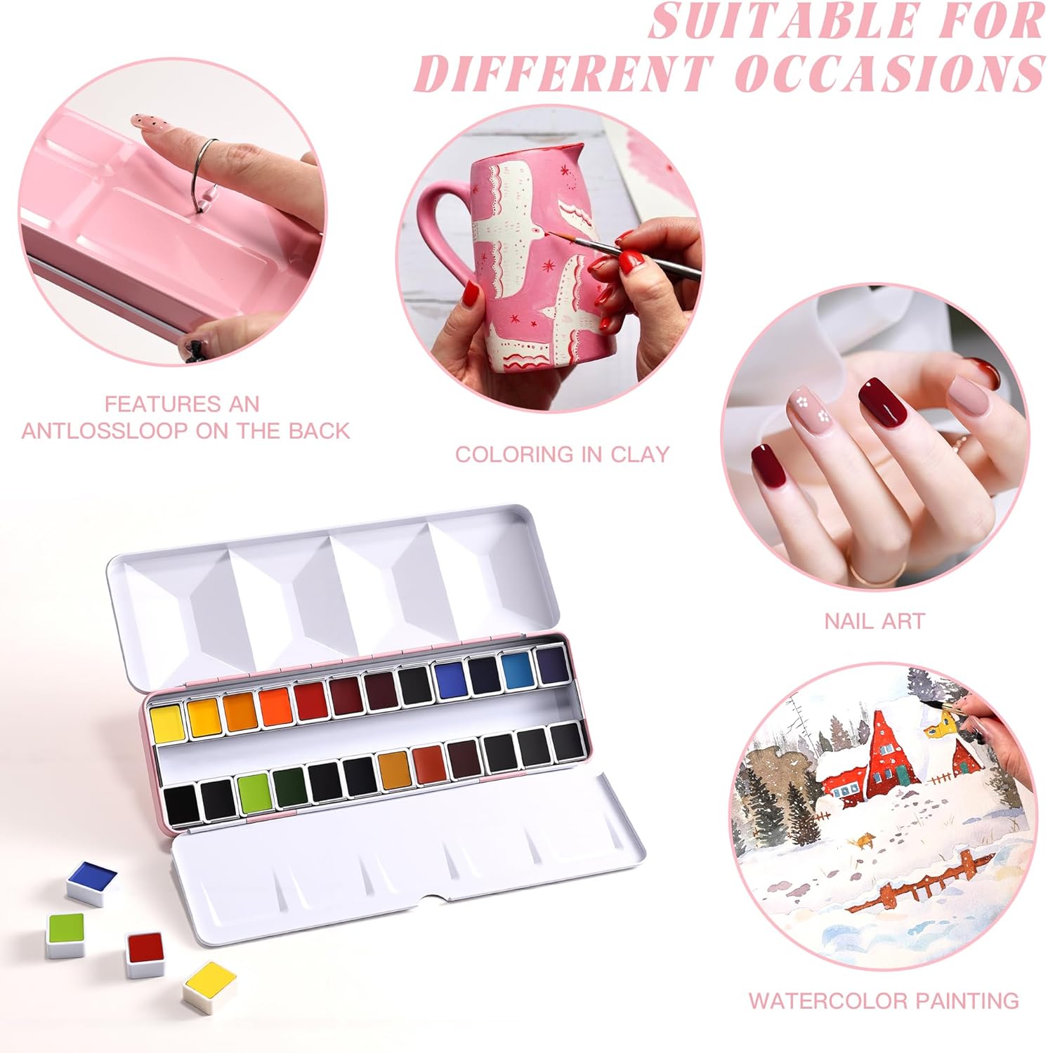 US Fulfillment - rubens Professional Watercolor Paint Set 24 Colors, High Pigment Solid Half Pans in Chic Pink / Multicolor / Black Diamond-Pattern Metal Case with Ring, Aesthetic Art Gift for Beginners, Artists & Designers