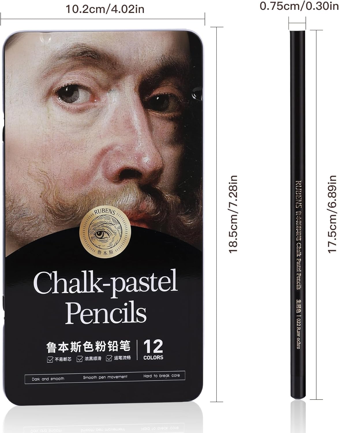 US Fulfillment - rubens Pastel Pencils, 12 A / B Colors Soft Chalk Pastel Pencils Set for Artists, 4mm Core Chalk Colored Pencils in A Metal Tin, Blendable Chalks Pencils for Drawing, Sketching, Blending &amp; Shading(Series B)