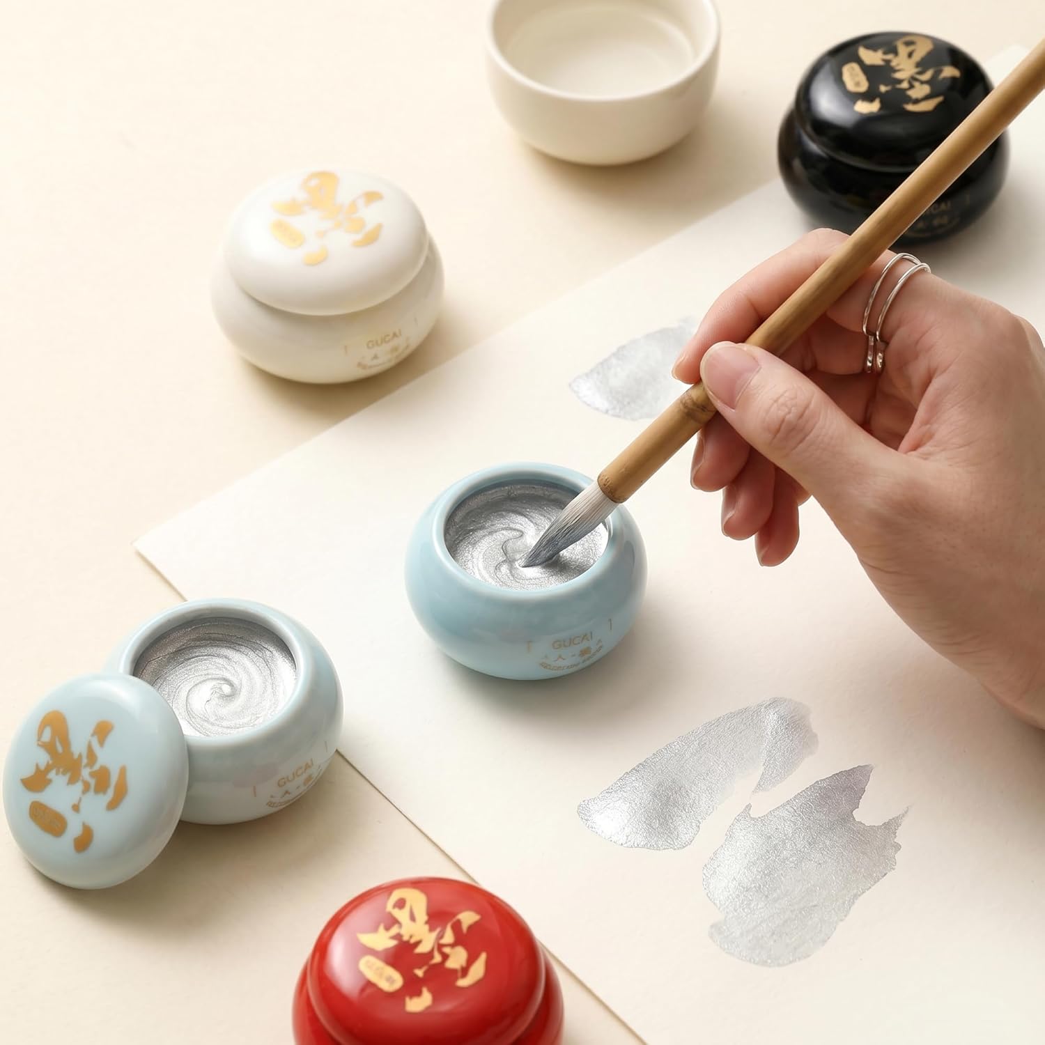 US Fulfillment - rubens Watercolor Paint, Handmade Red / Gold / Silver / Black / White / Multicolor Solid Watercolor, Black Chinese Ink with Sealed Ceramic Jar, Professional High Tinting Strength Watercolor Ink for Painting, Calligraphy, Letter