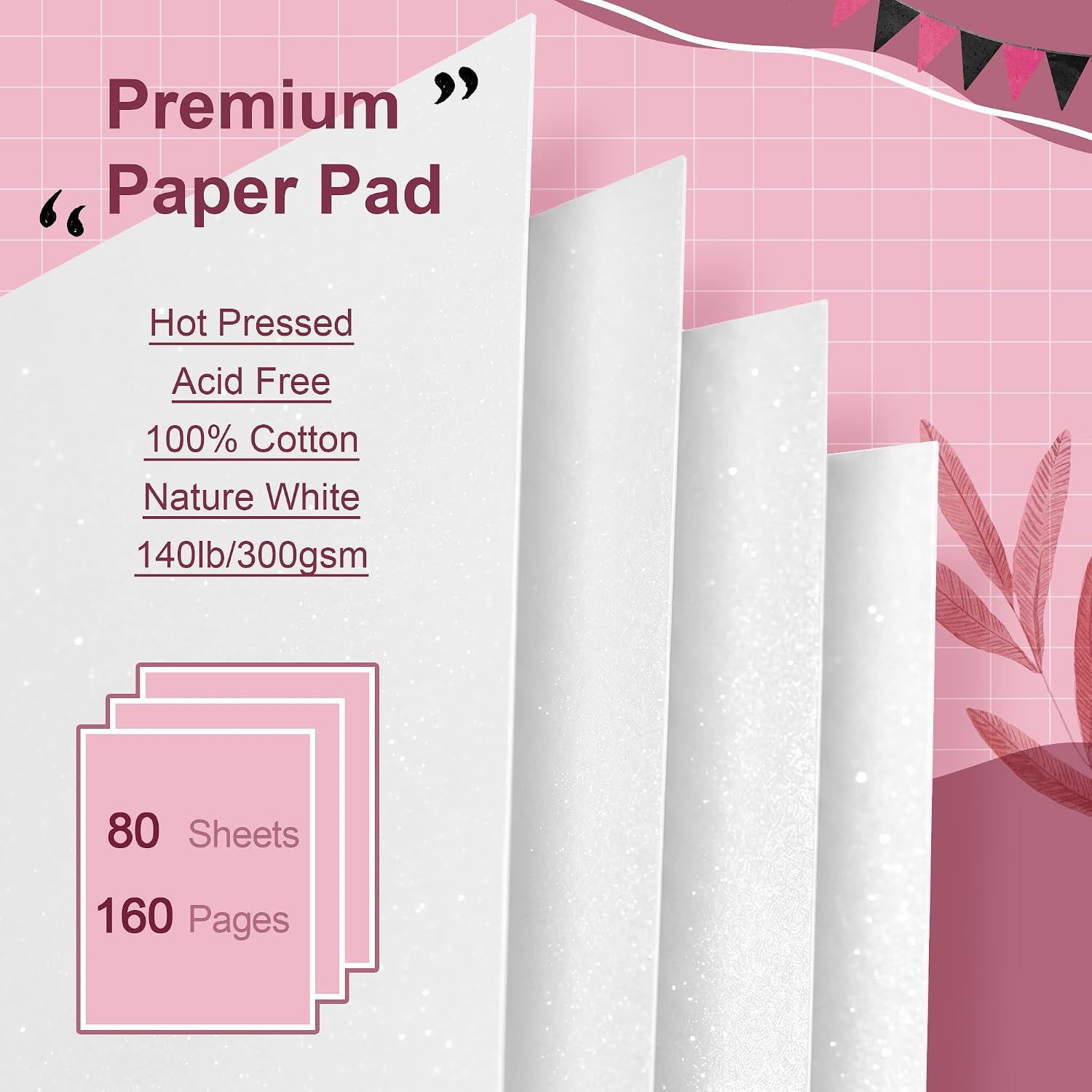 US Fulfillment - rubens Watercolor Paper Pad, Glitter Hot Pressed Paper, 80 Sheets 3.81”x5.31” / 5.31”x7.68” / 3.93”x9.84” Paper 140lb/300gsm, Portable 100% Cotton Watercolor Paper for Watercolor, Oil Pastels, Colored Pencil, Markers, Sketching