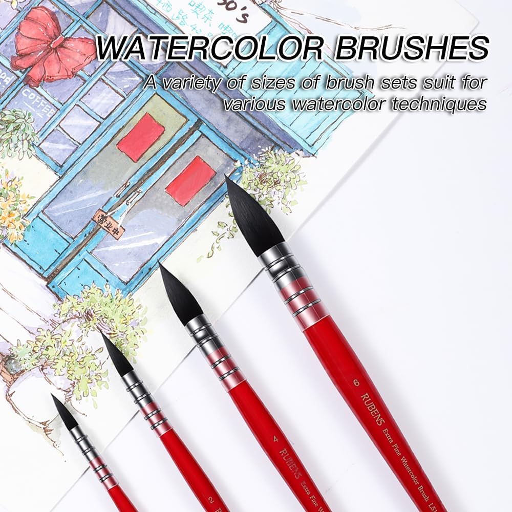US Fulfillment - rubens Watercolor Brush Set, 3 / 4 Pcs Professional Soft Synthetic Squirrel Paint Brushes, Short Handles for Watercolor Gouache Ink Painting - Sizes #2 4 6