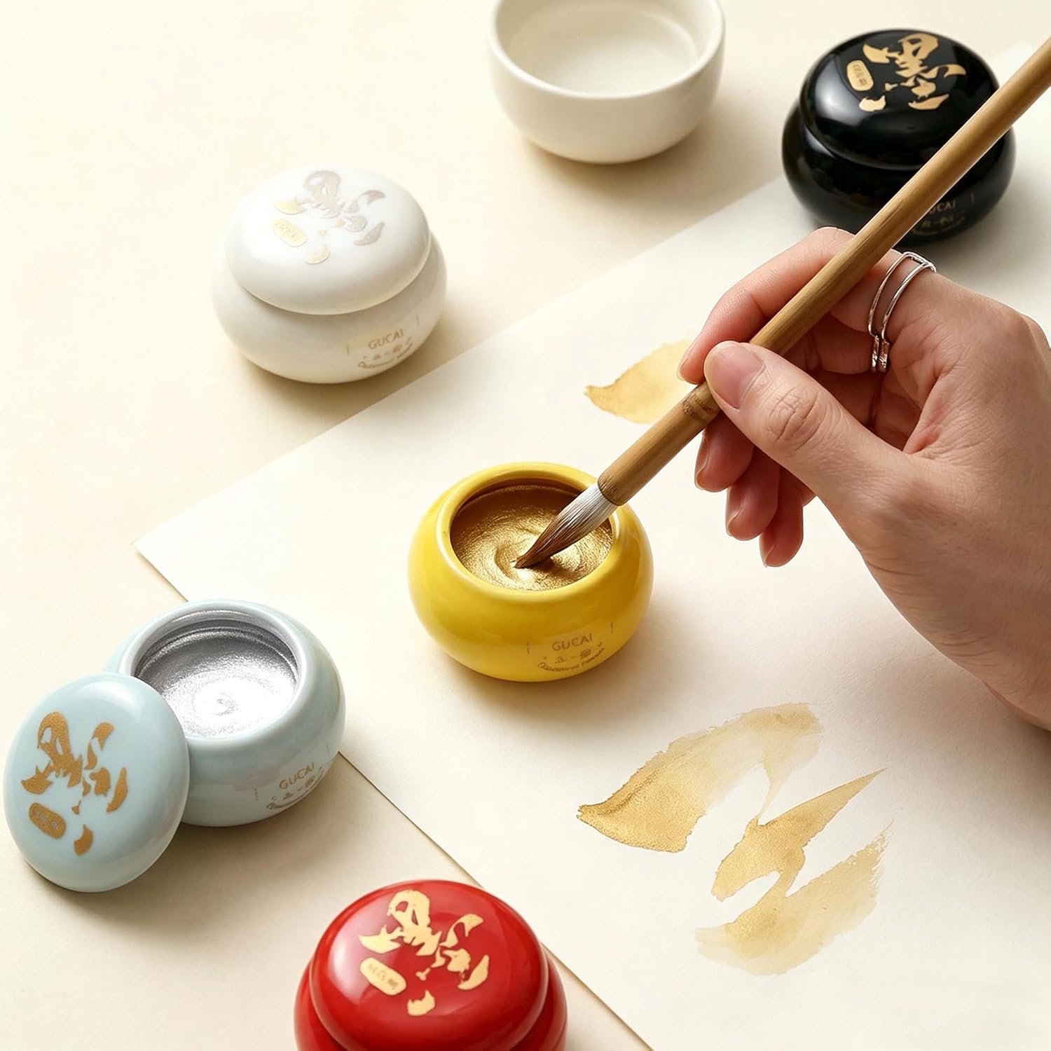 US Fulfillment - rubens Watercolor Paint, Handmade Red / Gold / Silver / Black / White / Multicolor Solid Watercolor, Black Chinese Ink with Sealed Ceramic Jar, Professional High Tinting Strength Watercolor Ink for Painting, Calligraphy, Letter