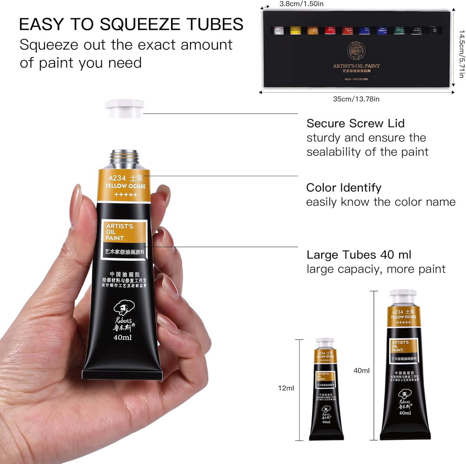 US Fulfillment - rubens Artist Oil Paint Set 10 Colors, 40ml Large Capacity Tubes Oil Color Paint for Canvas, Professional Oil Painting Colors, Landscape / Standard / Portrait /  Still Life Colors Oil Based Paint Supplies for Artists, Beginners