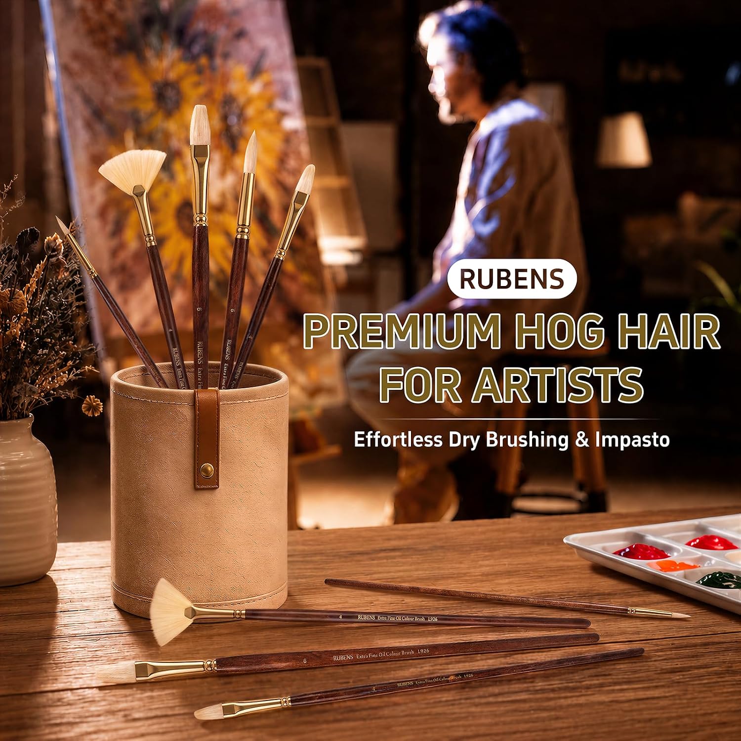 US Fulfillmen - Paul Rubens Oil Paint Brush Set, 5 Pcs Natural Hog Bristle Paint Brushes