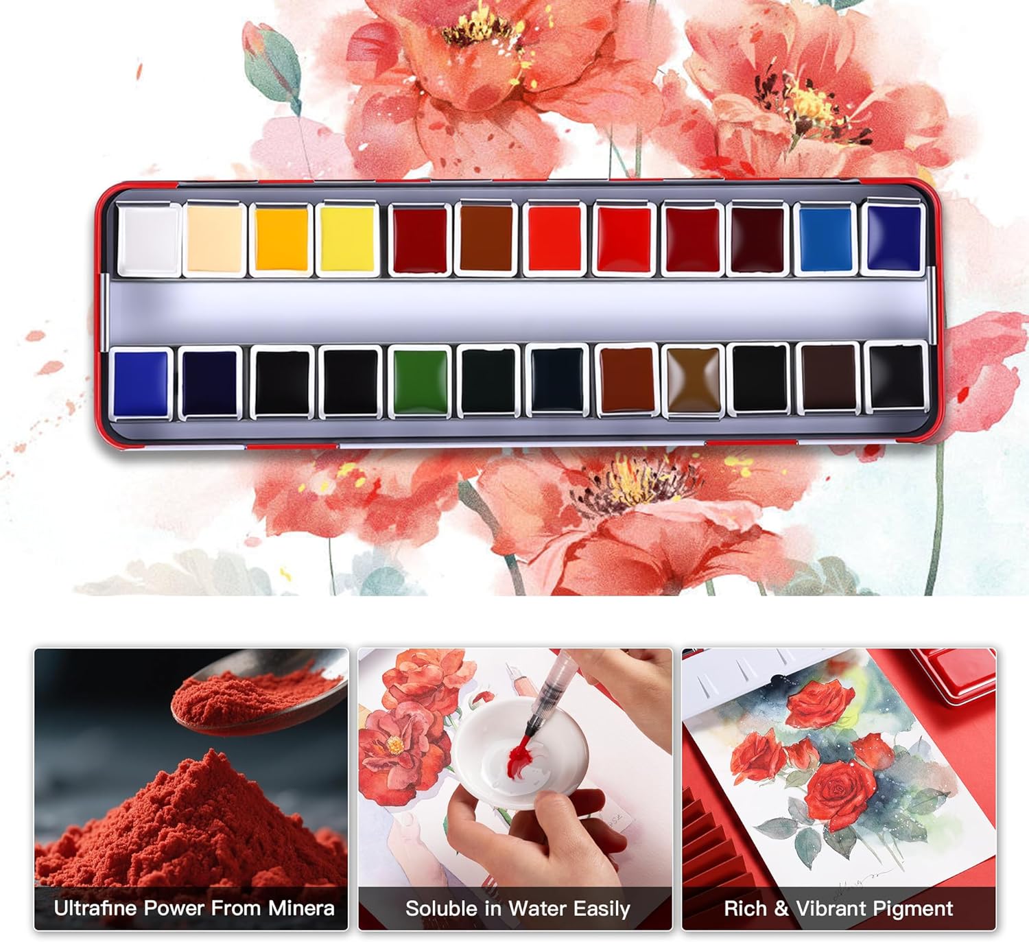 US Fulfillment - rubens Watercolor Paint Set 24 Colors, Solid Watercolor Set Half Pan Travel Watercolor, Removable Pans and Built-in Palette, Portable Metal Box with Metal Ring for Adult, Beginner, Artist