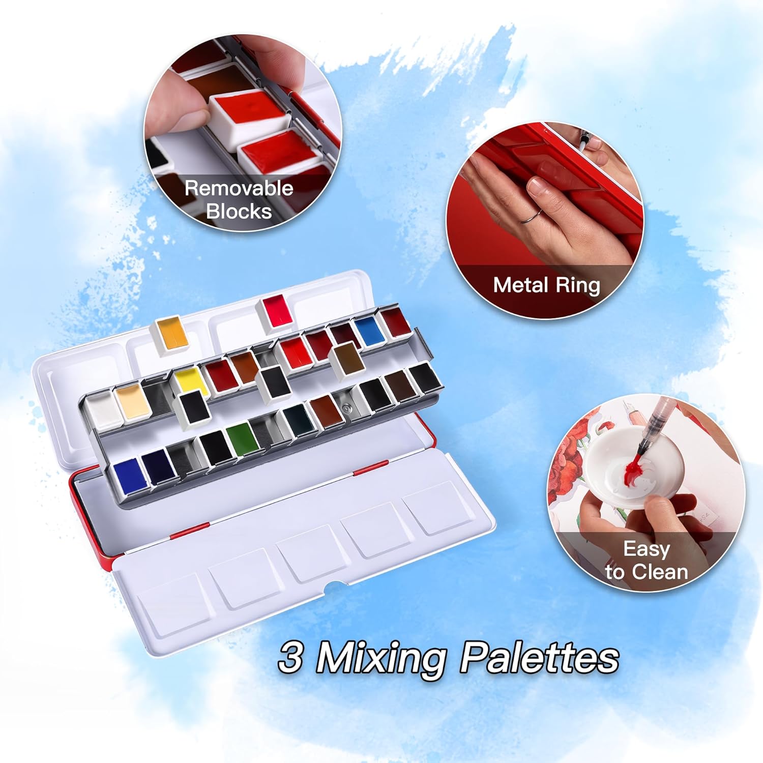 US Fulfillment - rubens Watercolor Paint Set 24 Colors, Solid Watercolor Set Half Pan Travel Watercolor, Removable Pans and Built-in Palette, Portable Metal Box with Metal Ring for Adult, Beginner, Artist