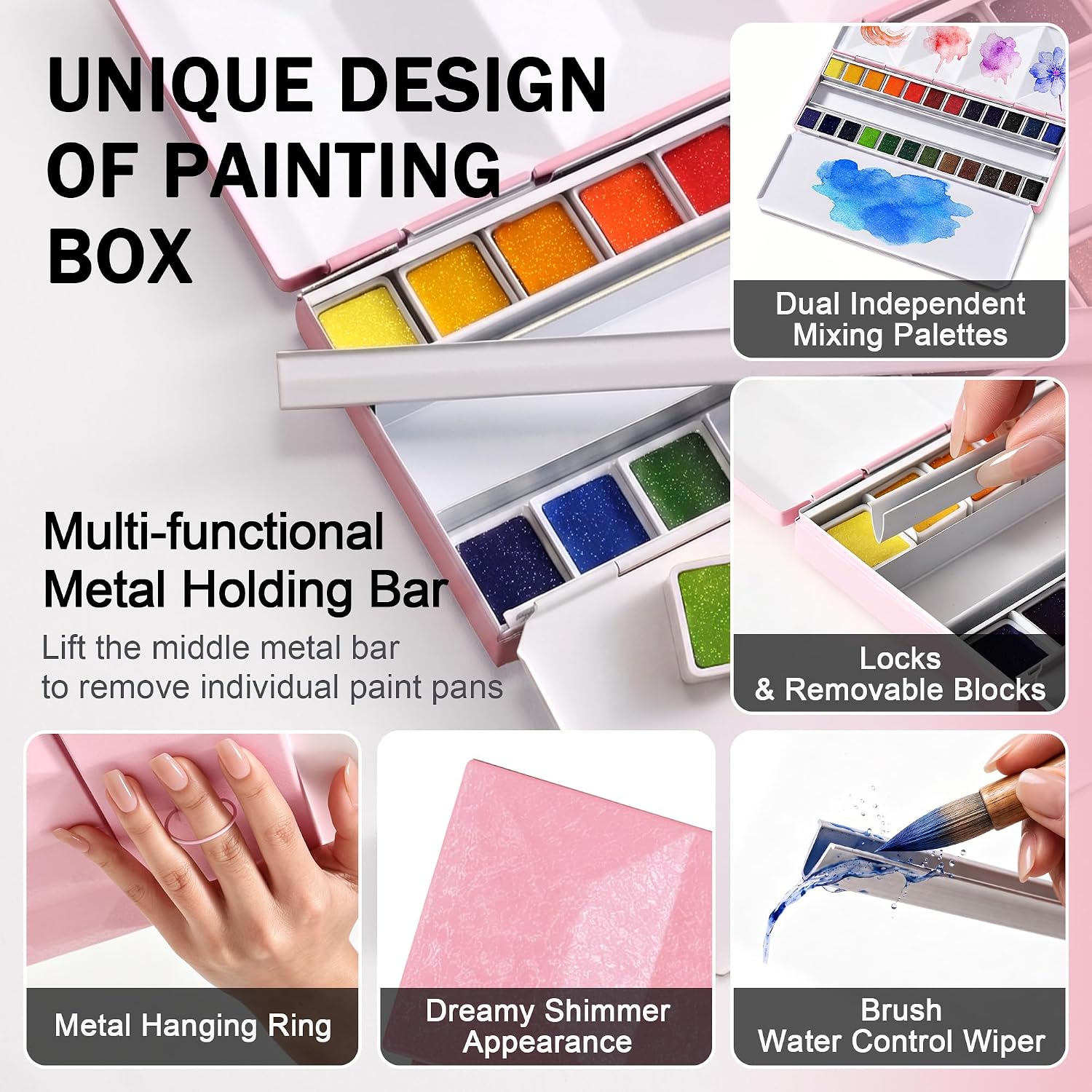 US Fulfillment - rubens Travel Watercolor Paint Set, 24 Colors Half-Pans Solid Watercolor, Soft Glittering, Portable Watercolor in Pink / Dark Black / Light Blue Metal Box with Built-in Palette, Watercolors Paint Adult Set for Beginner, Artist