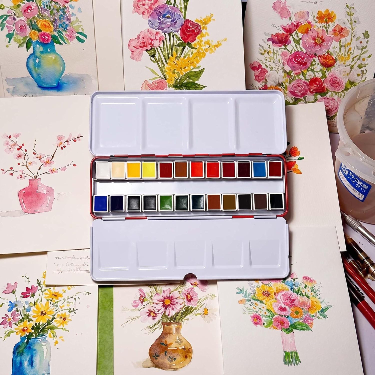US Fulfillment - rubens Watercolor Paint Set 24 Colors, Solid Watercolor Set Half Pan Travel Watercolor, Removable Pans and Built-in Palette, Portable Metal Box with Metal Ring for Adult, Beginner, Artist