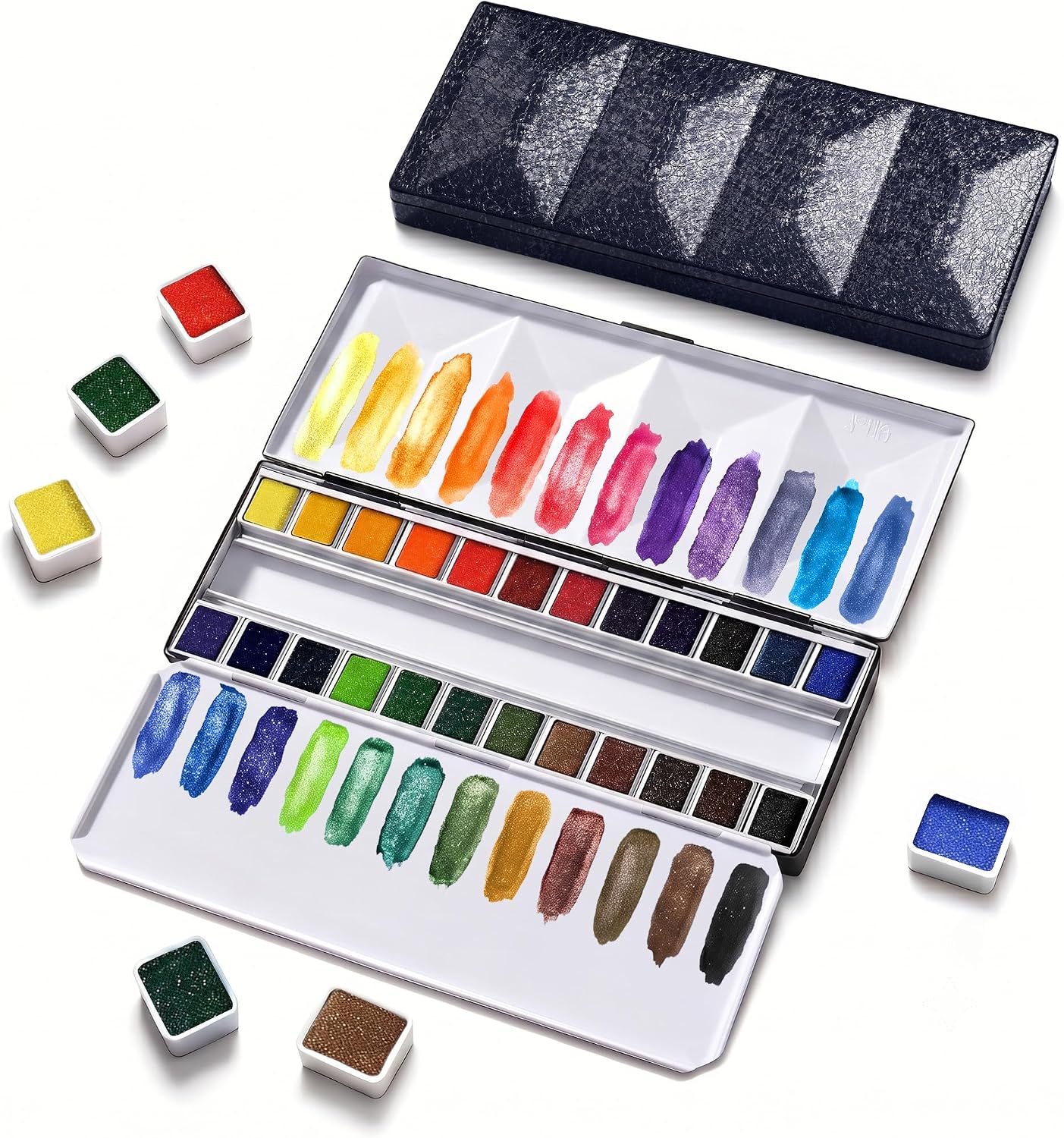 US Fulfillment - rubens Travel Watercolor Paint Set, 24 Colors Half-Pans Solid Watercolor, Soft Glittering, Portable Watercolor in Pink / Dark Black / Light Blue Metal Box with Built-in Palette, Watercolors Paint Adult Set for Beginner, Artist