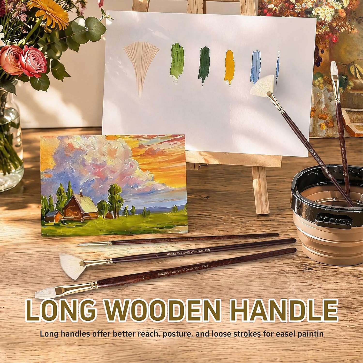 US Fulfillmen - Paul Rubens Oil Paint Brush Set, 5 Pcs Natural Hog Bristle Paint Brushes