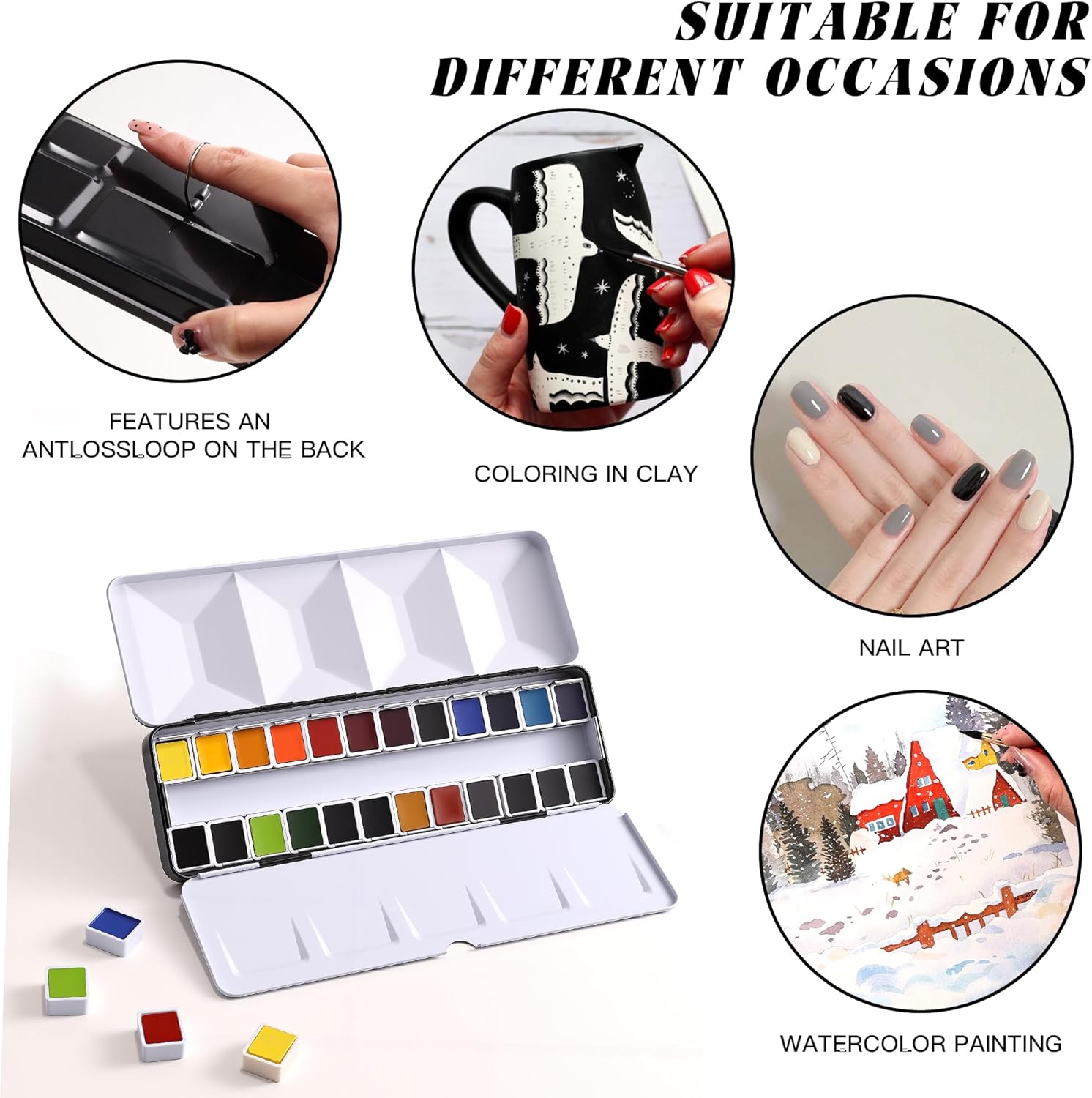 US Fulfillment - rubens Professional Watercolor Paint Set 24 Colors, High Pigment Solid Half Pans in Chic Pink / Multicolor / Black Diamond-Pattern Metal Case with Ring, Aesthetic Art Gift for Beginners, Artists & Designers