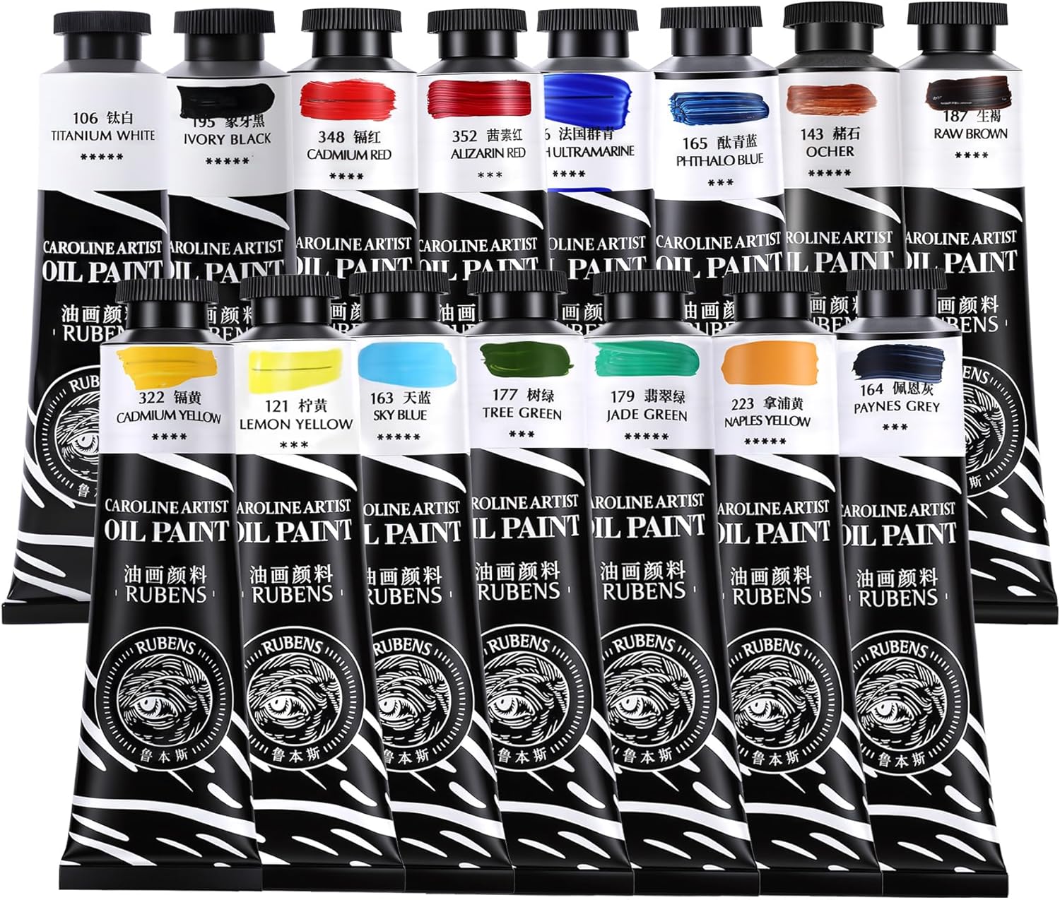 US Fulfillment - rubens Oil Paints Set 10 Colors, 60ml Large Tubes Oil Color Paint for Canvas, Professional Oil Colors with High Saturation, Landscape / Standard / Portrait /  Still Life Color / 15 Colors-A / B / C / 6 Titanium White Art Supplies