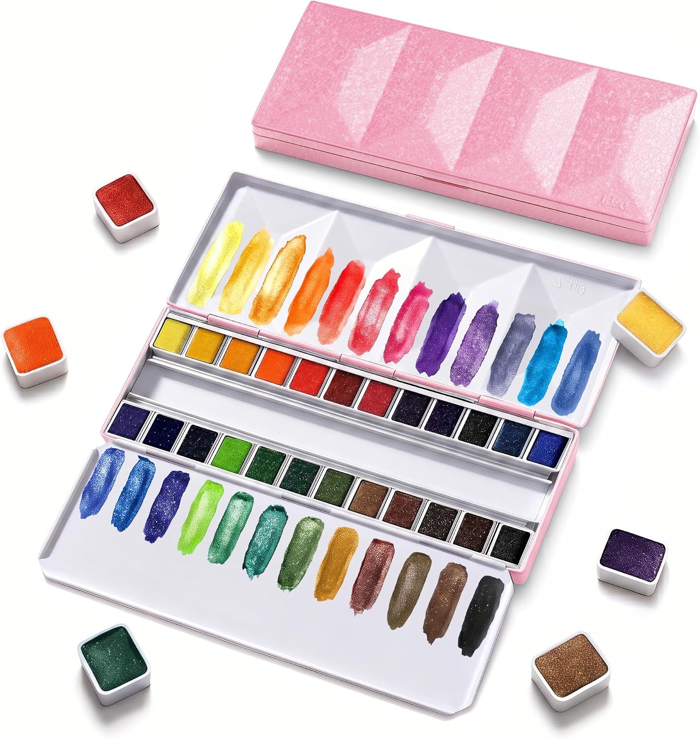 US Fulfillment - rubens Travel Watercolor Paint Set, 24 Colors Half-Pans Solid Watercolor, Soft Glittering, Portable Watercolor in Pink / Dark Black / Light Blue Metal Box with Built-in Palette, Watercolors Paint Adult Set for Beginner, Artist