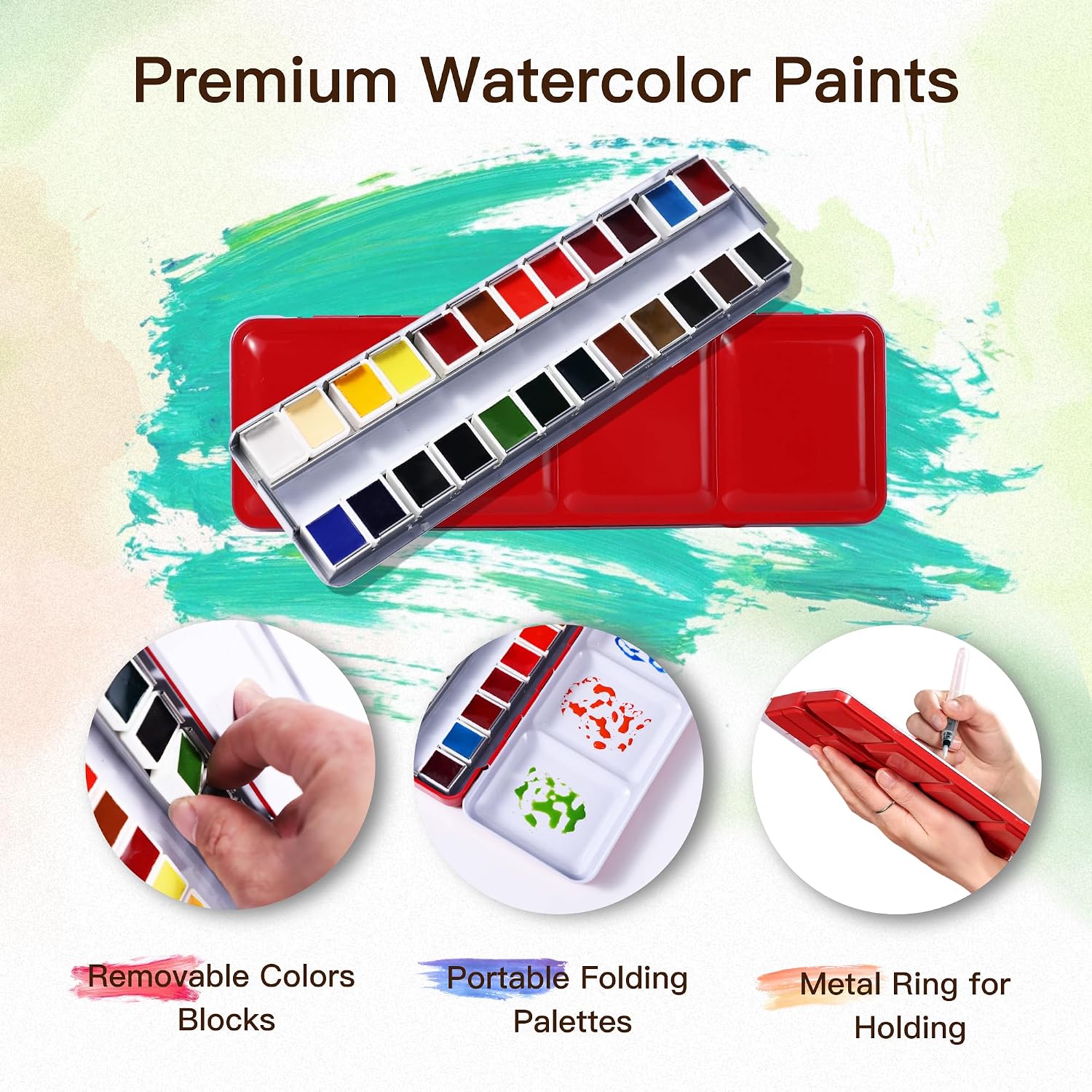 US Fulfillment - rubens Watercolor Paint Set 24 Colors, Solid Watercolor Set Half Pan Travel Watercolor, Removable Pans and Built-in Palette, Portable Metal Box with Metal Ring for Adult, Beginner, Artist