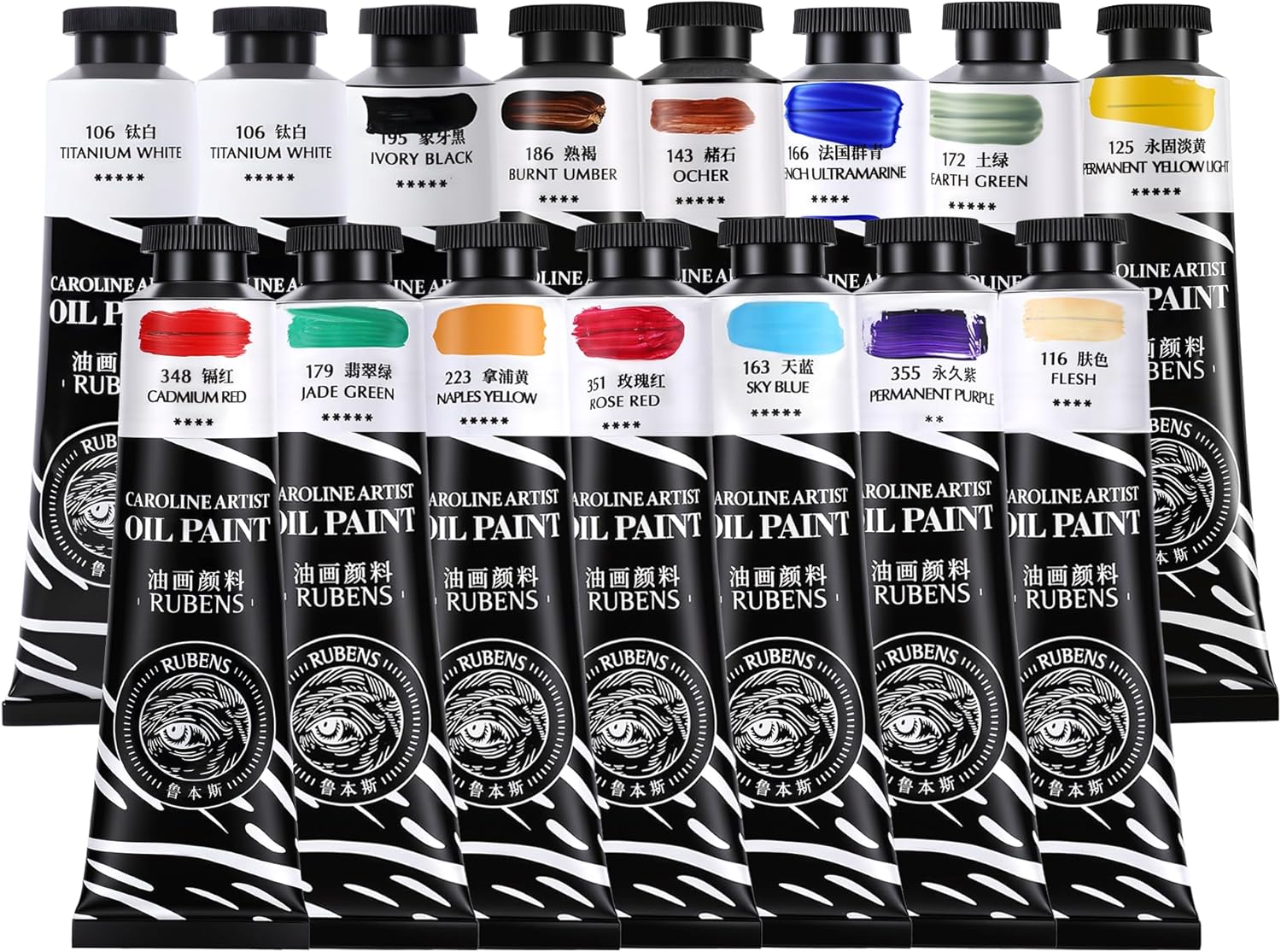 US Fulfillment - rubens Oil Paints Set 10 Colors, 60ml Large Tubes Oil Color Paint for Canvas, Professional Oil Colors with High Saturation, Landscape / Standard / Portrait /  Still Life Color / 15 Colors-A / B / C / 6 Titanium White Art Supplies
