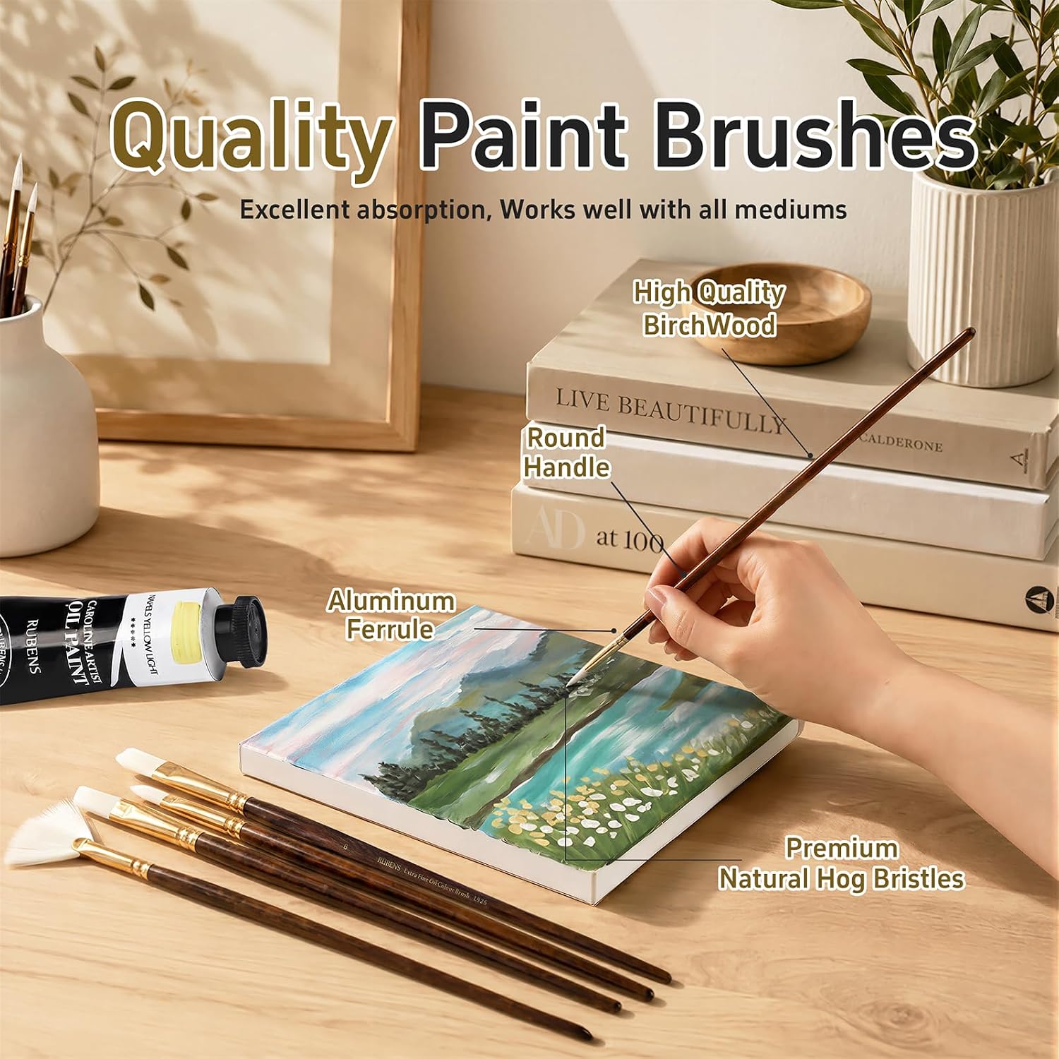 US Fulfillmen - Paul Rubens Oil Paint Brush Set, 5 Pcs Natural Hog Bristle Paint Brushes