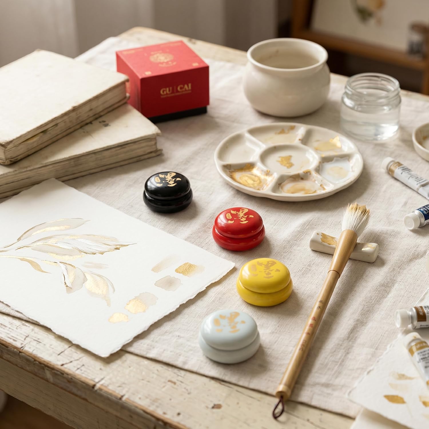 US Fulfillment - rubens Watercolor Paint, Handmade Red / Gold / Silver / Black / White / Multicolor Solid Watercolor, Black Chinese Ink with Sealed Ceramic Jar, Professional High Tinting Strength Watercolor Ink for Painting, Calligraphy, Letter